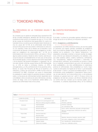 TOXICIDAD RENAL
Tabla 1. PRINCIPALES LUGARES DE ACCIÓN DE LOS AGENTES NEFROTÓXICOS
LUGAR DE ACCIÓN
Circulación renal
Glomérulo
Túbulo proximal
Túbulo distal
Intersticio
Túbulo colector
MECANISMO
Disrupción de la autorregulación renal
Reducción del flujo sanguíneo (anafilaxis)
Hipersensibilidad
Glomerulonefritis
Síndrome de Fanconi
Necrosis tubular
Acidosis tubular tipo I
Necrosis tubular
Nefritis intersticial aguda
Nefritis intersticial crónica
Diabetes insípida
Obstrucción (cristales)
EJEMPLOS
AINE, IECA
Penicilina, sulfamidas
Fenitoína, sulfamidas
Oro, penicilamina, AINE
Plomo, cadmio, tetraciclinas caducadas, aminoglucósidos
Mercurio, aminoglucósidos, tetracloruro de carbono,
foscarnet
Amfotericina B
Meticilina, rifampicina, fenindiona, alopurinol, AINE
Litio, plomo, analgésicos, ácido 5-aminosalicílico
Litio, metoxifluorano, dimetilclortetraciclina
Ácido úrico, sulfamidas, aciclovir
TOXICIDAD RENAL28
1.- FRECUENCIA DE LA TOXICIDAD AGUDA Y
CRÓNICA
Se considera que en adultos la nefropatía tóxica representa el 5%
de las consultas nefrológicas, alrededor del 10% de los casos de
insuficiencia renal crónica y el causante de entre un 10 a un 20%
de las causas de insuficiencia renal aguda (IRA). En cuanto a la
toxicidad crónica, se estima que la nefropatía túbulo intersticial cró-
nica es causa del 10-15% de la enfermedad renal terminal,
aunque la frecuencia de la secundaria a nefrotoxinas se descono-
ce con exactitud. Antes de la retirada de la fenacetina como
componente de diversas combinaciones de analgésicos, la nefro-
patía por analgésicos era responsable del 1 al 3% de la
enfermedad renal crónica terminal en EEUU y de hasta un 15% en
algunos países europeos. Desde los años noventa, esta frecuen-
cia se ha reducido considerablemente. En todo caso, la frecuencia
de la toxicidad aguda y crónica depende de la toxina responsable
y de la situación del paciente (ambulatorio o ingresado). Así, en
una serie reciente, entre las causas tóxicas de IRA intrahospitala-
ria, un 45% se debía a contrastes iodados, un 20% a
aminoglicósidos y un 4% a anfotericina B. En los pacientes ambu-
latorios, la causa más frecuente de IRA es la isquémica y la
nefrotóxica, y parece ser que los IECA o ARAII, muchas veces en
combinación con AINE, constituyen una causa no despreciable
(no evaluada en nuestro medio) en pacientes ancianos y polimedi-
cados. La frecuencia de nefrotoxicidad también dependerá de la
comorbilidad y de la coincidencia de varias nefrotoxinas y de situa-
ciones de riesgo como es la hipotensión arterial relativa y la
presencia de enfermedad renal crónica previa.
2.- AGENTES RESPONSABLES
2.1. Fármacos
En la tabla 1 se listan los principales agentes nefrotóxicos según
el lugar de acción en la nefrona y el mecanismo de lesión.
2.1.1.- Analgésicos y antiinflamatorios
2.1.1.1.- Fenacetina-salicilatos
La presentación de nefritis intersticial crónica y de necrosis papilar
en pacientes que ingieren grandes cantidades de analgésicos
tiene una incidencia variable según las áreas geográficas, la sen-
sibilidad de la población y los hábitos terapéuticos. Los
preparados comerciales contenían a menudo mezclas de analgé-
sicos, entre los que destacan la fenacetina y los salicilatos, a los
que solían añadirse cafeína, codeína, barbitúricos, antihistamíni-
cos, tranquilizantes, relajantes musculares y esteroides. El
principal efecto nefrotóxico de la fenacetina se produce a través
de su metabolito acetoaminofenol que junto a la asociación de
ácido acetilsalicílico y de otros antiinflamatorios no esteroideos
potencia la nefrotoxicidad. Esta probabilidad es mucho mayor
cuando se demuestra una ingesta de al menos 1 g de fenacetina
al día durante 1-3 años o una dosis acumulativa total de 1 a 2 Kg.
de fenacetina, ácido acetilsalicílico o paracetamol. Signos preco-
ces de esta afección son la leucocituria junto a una proteinuria
moderada, en general menor de 1 g/24 h. El abuso crónico de
analgésicos de este tipo produce una fibrosis intersticial crónica
con atrofia renal que, excepto por la necrosis papilar, que es
inconstante, no presenta especificidad clínica. En los individuos
 