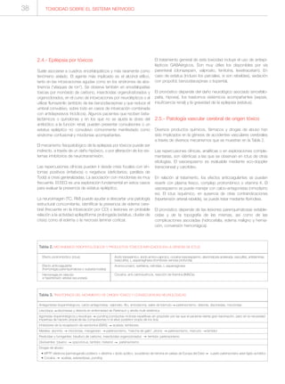 2.4.- Epilepsia por tóxicos
Suele asociarse a cuadros encefalopáticos y más raramente como
fenómeno aislado. El agente más implicado es el alcohol etílico,
tanto en las intoxicaciones agudas como en los síndromes de abs-
tinencia (“ataques de ron”). Se observa también en encefalopatías
tóxicas por monóxido de carbono, insecticidas organofosforados y
organoclorados, en el curso de intoxicaciones por neurolépticos o al
utilizar flumazenilo (antídoto de las benzodiacepinas y que reduce el
umbral convulsivo, sobre todo en casos de intoxicación combinada
con antidepresivos tricíclicos). Algunos pacientes que reciben beta-
lactámicos o quinolonas y en los que no se ajusta la dosis del
antibiótico a la función renal, pueden presentar convulsiones o un
estatus epiléptico no convulsivo comúnmente manifestado como
síndrome confusional y mioclonias acompañantes.
El mecanismo fisiopatológico de la epilepsia por tóxicos puede ser
indirecto, a través de un daño hipóxico, o por alteración de los sis-
temas inhibitorios de neurotransmisión.
Las repercusiones clínicas pueden ir desde crisis focales con sín-
tomas positivos (irritativos) o negativos (deficitarios; parálisis de
Todd) a crisis generalizadas. La asociación con mioclonias es muy
frecuente. El EEG es una exploración fundamental en estos casos
para evaluar la presencia de estatus epiléptico.
La neuroimagen (TC, RM) puede ayudar a descartar una patología
estructural concomitante, identificar la presencia de edema cere-
bral (frecuente en la intoxicación por CO) o lesiones en probable
relación a la actividad epileptiforme prolongada (estatus, cluster de
crisis) como el edema o la necrosis laminar cortical.
El tratamiento general de esta toxicidad incluye el uso de antiepi-
lépticos GABAérgicos. Son muy útiles los disponibles por vía
parenteral (clonazepam, valproato, fenitoína, levetiracetam). En
caso de estatus (incluso los parciales, si son rebeldes), sedación
con propofol, benzodiacepinas o tiopental.
El pronóstico depende del daño neurológico asociado (encefalo-
patía, hipoxia), los trastornos sistémicos acompañantes (sepsis,
insuficiencia renal) y la gravedad de la epilepsia (estatus).
2.5.- Patología vascular cerebral de origen tóxico
Diversos productos químicos, fármacos y drogas de abuso han
sido implicados en la génesis de accidentes vasculares cerebrales
a través de diversos mecanismos que se muestran en la Tabla 2.
Las repercusiones clínicas, analíticas o en exploraciones comple-
mentarias, son idénticas a las que se observan en ictus de otras
etiologías. El vasoespasmo es evaluable mediante eco-doppler
transcraneal y carotídeo.
En relación al tratamiento, los efectos anticoagulantes se pueden
revertir con plasma fresco, complejo protrombínico o vitamina K. El
vasoespasmo se puede manejar con calcio-antagonistas (nimodipino
ev). El ictus isquémico, en ausencia de otras contraindicaciones
(hipertensión arterial rebelde), se puede tratar mediante fibrinolisis.
El pronóstico depende de las lesiones parenquimatosas estable-
cidas y de la topografía de las mismas, así como de las
complicaciones asociadas (hidrocefalia, edema maligno y hernia-
ción, conversión hemorrágica).
Antagonistas dopaminérgicos, calcio-antagonistas, valproato, litio, amiodarona, sales de bismuto parkinsonismo, distonía, discinesias, mioclonias
Levodopa discinesias y distonía en enfermedad de Parkinson y atrofia multi-sistémica
Agonistas dopaminérgicos y levodopa punding (conductas motoras repetitivas sin propósito por las que el paciente siente gran fascinación, pero sin la necesidad
imperiosa de hacerlo propia de las compulsiones ni el alivio posterior propio de los tics)
Inhibidores de la recaptación de serotonina (ISRS) acatisia, temblores.
Metales: aluminio mioclonias, manganeso parkinsonismo, “marcha de gallo”, plomo parkinsonismo, mercurio temblor
Pesticidas y fumigantes: bisulfuro de carbono, insecticidas organoclorados temblor, parkinsonismo
Disolventes: tolueno opsoclonus, temblor, metanol parkinsonismo
Drogas de abuso:
• MPTP, efedrona (permanganato potásico + efedrina + ácido acético, sucedáneo de heroína en países de Europa del Este) cuadro parkinsoniano axial rígido-acinético
• Cocaína acatisia, estereotipias, punding
Tabla 3. TRASTORNOS DEL MOVIMIENTO DE ORIGEN TÓXICO Y CONSECUENCIAS NEUROLÓGICAS
Tabla 2. MECANISMOS FISIOPATOLÓGICOS Y PRODUCTOS TÓXICOS IMPLICADOS EN LA GÉNESIS DE ICTUS
Efecto protrombótico (ictus)
Efecto anticoagulante
(hemorragia parenquimatosa o subaracnoidea)
Hemorragia en relación
a hipertensión arterial secundaria
Ácido tranexámico, ácido amino-caproico, cocaína (vasoespasmo, ateromatosis acelerada, vasculitis), anfetaminas
(vasculitis), L-asparraginasa (trombosis venosa profunda)
Acenocumarol, warfarina, raticidas, L-asparraginasa
Cocaína, anti-calcineuríncos, reacción de tiramina (IMAOs)
TOXICIDAD SOBRE EL SISTEMA NERVIOSO38
 