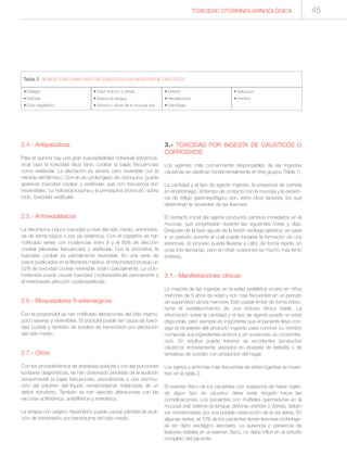 2.4.- Antipalúdicos
Para la quinina hay una gran susceptibilidad individual (idiosincrá-
sica) para la toxicidad ótica tanto coclear (a bajas frecuencias)
como vestibular. La afectación es severa, pero reversible con la
retirada del fármaco. Con el uso prolongado de cloroquina, puede
aparecer toxicidad coclear y vestibular, que con frecuencia son
irreversibles. La hidroxicloroquina y la primaquina provocan, sobre
todo, toxicidad vestibular.
2.5.- Antineoplásicos
La bleomicina induce toxicidad a nivel del oído medio, administra-
da de forma tópica o por vía sistémica. Con el cisplatino se han
notificado series con incidencias entre 9 y el 90% de afección
coclear (elevadas frecuencias) y vestibular. Con la vincristina, la
toxicidad coclear es parcialmente reversible. En una serie de
casos publicados en la literatura médica, el misonidazol produjo un
52% de toxicidad coclear reversible, total o parcialmente. La ciclo-
fosfamida puede causar toxicidad cocleovestibular permanente y
el metotrexato afección cocleovestibular.
2.6.- Bloqueadores ß-adrenérgicos
Con el propranolol se han notificado alteraciones del oído interno,
poco severas y reversibles. El practolol puede ser causa de toxici-
dad coclear y también de sordera de transmisión por afectación
del oído medio.
2.7.- Otros
Con los procedimientos de anestesia epidural y con las punciones
lumbares diagnósticas, se han observado pérdidas de la audición
sensorineural (a bajas frecuencias), asociándose a una disminu-
ción del volumen del líquido cerebroespinal, tratándose de un
déficit transitorio. También se han descrito alteraciones con las
vacunas antitetánica, antidiftérica y antirrábica.
La terapia con oxígeno hiperbárico puede causar pérdida de audi-
ción de transmisión por barotrauma del oído medio.
3.- TOXICIDAD POR INGESTA DE CÁUSTICOS O
CORROSIVOS
Los agentes más comúnmente responsables de las ingestas
cáusticas se clasifican fundamentalmente en tres grupos (Tabla 1).
La cantidad y el tipo de agente ingerido, la presencia de comida
en el estómago, el tiempo de contacto con la mucosa y la presen-
cia de reflujo gastroesofágico son, entre otros factores, los que
determinan la severidad de las lesiones.
El contacto inicial del agente producirá cambios inmediatos en la
mucosa, que progresarán durante las siguientes horas y días.
Después de la fase aguda de la lesión esófago-gástrica, se pasa
a un periodo durante el cual puede iniciarse la formación de una
estenosis. El proceso puede llevarse a cabo de forma rápida, en
unas tres semanas, pero en otras ocasiones es mucho más lento
(meses).
3.1.- Manifestaciones clínicas
La mayoría de las ingestas en la edad pediátrica ocurre en niños
menores de 5 años de edad y son más frecuentes en un periodo
sin supervisión de los menores. Esto puede limitar de forma impor-
tante el establecimiento de una historia clínica fiable. La
información sobre la cantidad y el tipo de agente puede no estar
disponible, pero siempre es importante que el paciente lleve con-
sigo el recipiente del producto ingerido para conocer su nombre
comercial, sus ingredientes activos y, en ocasiones, su concentra-
ción. En adultos puede tratarse de accidentes (productos
cáusticos erróneamente ubicados en envases de bebida) o de
tentativas de suicidio con productos del hogar.
Los signos y síntomas más frecuentes de estas ingestas se mues-
tran en la tabla 2.
El examen físico de los pacientes con sospecha de haber ingeri-
do algún tipo de cáustico debe estar dirigido hacia las
complicaciones. Los pacientes con múltiples quemaduras en la
mucosa oral, edema de lengua, disfonía, estridor o disnea, deben
ser monitorizadas por una posible obstrucción de la vía aérea. En
algunas series, el 70% de los pacientes tienen lesiones orofarínge-
as sin daño esofágico asociado. La ausencia o presencia de
lesiones visibles en el examen físico, no debe influir en el estudio
completo del paciente.
Tabla 2. SIGNOS Y SÍNTOMAS MÁS FRECUENTES EN LAS INGESTAS DE CÁUSTICOS
• Disfagia
• Disfonía
• Dolor epigástrico
• Estridor
• Hematemesis
• Odinofagia
• Dolor torácico y dorsal.
• Edema de lengua
• Eritema o úlcera de la mucosa oral
• Salivación
• Vómitos
TOXICIDAD OTORRINOLARINGOLÓGICA 45
 