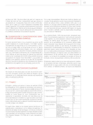 ARMAS QUÍMICAS 61
de Marzo de 1995. Ese día se liberó gas sarín en 5 vagones de
3 líneas del metro de Tokio, contaminando este gas nervioso el
aire ambiente de 15 estaciones. Hubo entre 5.000 y 6.000 afec-
tados, de los cuales 3.277 fueron trasladados a Hospitales de la
ciudad, ingresando 700 pacientes aproximadamente y producién-
dose 12 fallecimientos. Además de los efectos agudos señalados,
con posterioridad se han descrito alteraciones del comportamien-
to y vestíbulo-cerebelosas en la población expuesta.
3.- CLASIFICACIÓN Y CARACTERÍSTICAS GENE-
RALES DE LAS ARMAS QUÍMICAS
En función del efecto tóxico o de su mecanismo de acción, las AQ
pueden englobarse en una serie de grupos. En la Tabla 1 aparece
una clasificación de estas armas con su nombre genérico o común,
así como el código militar con el que se las reconoce. En ella se
incluyen los agentes pulmonares (fosgeno, cloro, etc.), asfixiantes
mitocondriales (cianuro), vesicantes (mostazas y lewisita), nerviosos
(sarín, etc.), lacrimógenos (cloropicrina, etc.) e incapacitantes (BZ y
otros). Además de estos seis grupos de agentes que tradicional-
mente se han considerado AQ, el CDC incluye también productos
que aparecen en el grupo “otros” de la Tabla 1, y que podrían ser
utilizados como agresivos químicos en la vida civil. Se describen
ahora los mecanismos patogénicos, las manifestaciones clínicas y
el tratamiento de la agresión por los principales grupos de AQ.
4.- AGENTES CON TOXICIDAD PULMONAR
Se incluyen en este primer grupo una serie de productos quími-
cos como, el fosgeno, el cloro y los óxidos de nitrógeno, que se
caracterizan por su capacidad irritante sobre las vías respiratorias
altas y el parénquima pulmonar.
4.1.- Fosgeno
El fosgeno, oxicloruro de carbono o cloruro de carbonilo (COCl2)
fue sintetizado en 1812 y utilizado por vez primera como arma quí-
mica por los alemanes en Francia, durante la batalla de Verdun (23
de junio de 1917), siendo responsable de unas 80.000 víctimas a
lo largo de la primera guerra mundial. Aunque es un gas, se trans-
portaba en forma líquida en unos contenedores que, al
explosionar, lo vaporizaban, formando una nube blanca que de
forma espontánea se convertía en un gas mas denso que el aire,
incoloro pero con olor a heno enmohecido. Aunque fue manufac-
turado y almacenado para su utilización durante la segunda guerra
mundial, no llegó a ser utilizado.
El fosgeno tiene utilidad en la industria química (producción de
policarbonatos y poliuretanos) y en la síntesis de pesticidas. En
ambientes de trabajo donde hay fosgeno, la American Conference
of Governmental Industrial Hygienists Committee (ACGIH) ha fijado
como admisible una concentración media (Threshold Limit Value-
Time Weighted Average o TLV-TWA) de 0,1 ppm, equivalentes a
0,4 mg/m.
Por su baja hidrosolubilidad, difunde bien hasta los alveolos pul-
monares, donde ejercerá su acción tóxica local al ser hidrolizado a
dióxido de carbono (CO2) y ácido clorhídrico (ClH), pero no se
absorbe y no da lugar a efectos sistémicos significativos salvo los
derivados de la insuficiencia respiratoria. El propio ácido clorhídri-
co, y las reacciones del grupo carbonilo del fosgeno con grupos
amino, hidroxilo y sulfhidrilo, serán los responsables fisiopatológi-
cos de la reacción inflamatoria.
Es un potente irritante, 100% mas que el cloro, del aparato respi-
ratorio. Concentraciones superiores a 1 ppm producen quemazón
ocular, lagrimeo, tos, broncoespasmo, disnea e insuficiencia res-
piratoria. Un edema agudo de pulmón no cardiogénico, por
aumento de la permeabilidad de la membrana alveolo-capilar,
puede observarse horas después de la exposición (6-24 horas).
La nefrotoxicidad, también ha sido descrita. El resultado de las
exploraciones complementarias es inespecífico (hipoxemia en la
gasometría arterial, edema pulmonar en la radiografía de tórax,
etc.). La muerte podría producirse por insuficiencia respiratoria con
hipoxemia refractaria y, en algunos casos, por asfixia debida a un
laringoespasmo. En las personas que han estado expuestas al
fosgeno, se ha descrito la posibilidad de secuelas en forma de
bronquitis crónica, bronquiectasias, enfisema y fibrosis pulmonar.
El tratamiento debe iniciarse por el cese de la exposición, apartan-
do al paciente del área contaminada, retirándole toda la ropa,
lavando la piel con agua y jabón y los ojos con abundante agua.
Por lo demás, no habiendo antídoto, se impone una terapéutica
Tabla 1. CLASIFICACIÓN DE LAS ARMAS QUÍMICAS.
Grupo
1. Agentes pulmonares
2. Agentes asfixiantes
mitocondriales
3. Agentes vesicantes
4. Agentes nerviosos
5. Gases lacrimógenos
6. Agentes incapacitantes
7. Agentes calmativos
8. Otros
Nombre común
Fosgeno
Cloro
Óxidos de nitrógeno
Perfluoroisobutileno
Ácido cianhídrico o CNH
Cloruro de cianógeno o CNCl
Otros compuestos de cianuro
Mostazas sulfuradas (iperita)
Mostazas nitrogenadas
Lewisita
Oxima fosgeno
Tabún
Sarín
Somán
--------
--------
Cloropicrina
--------
--------
--------
--------
--------
--------
Opiáceos
Anestésicos
Benzodiacepinas
Hidrocarburos halogenados
Cáusticos de uso industrial
Combustibles y gases licuados
del petróleo
Dioxinas, furanos y PCBs
Metales pesados: As, Pb y Hg
Metil isocianato
Pesticidas
Tóxicos volátiles: benceno
Código militar
CG
CL
--
--
AC
CK
--
HD
HN1
L1
CX
GA
GB
GD
GF
VX
--
CS
CN
CA
CR
BZ
15
--
--
--
--
--
--
--
--
--
--
--
 