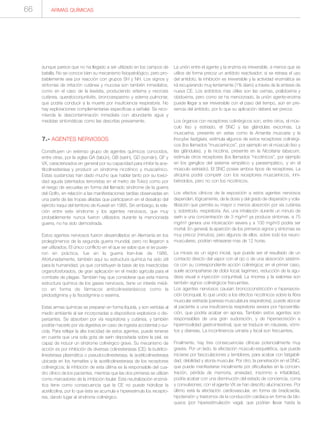 ARMAS QUÍMICAS66
aunque parece que no ha llegado a ser utilizado en los campos de
batalla. No se conoce bien su mecanismo fisiopatológico, pero pro-
bablemente sea por reacción con grupos SH y NH. Los signos y
síntomas de irritación cutánea y mucosa son también inmediatos,
como en el caso de la lewisita, produciendo eritema y necrosis
cutánea, queratoconjuntivitis, broncoespasmo y edema pulmonar,
que podría conducir a la muerte por insuficiencia respiratoria. No
hay exploraciones complementarias específicas a señalar. Se reco-
mienda la descontaminación inmediata con abundante agua y
medidas sintomáticas como las descritas previamente.
7.- AGENTES NERVIOSOS
Constituyen un extenso grupo de agentes químicos conocidos,
entre otras, por la siglas GA (tabún), GB (sarín), GD (somán), GF y
VX, caracterizados en general por su capacidad para inhibir la ace-
tilcolinesterasa y producir un síndrome nicotínico y muscarínico.
Estas sustancias han dado mucho que hablar tanto por su toxici-
dad aguda (atentados terroristas en el metro de Tokio) como por
el riesgo de secuelas en forma del llamado síndrome de la guerra
del Golfo, en relación a las manifestaciones tardías observadas en
una parte de las tropas aliadas que participaron en el desalojo del
ejército iraquí del territorio de Kuwait en 1985. Sin embargo, la rela-
ción entre este síndrome y los agentes nerviosos, que muy
probablemente nunca fueron utilizados durante la mencionada
guerra, no ha sido demostrada.
Estos agentes nerviosos fueron desarrollados en Alemania en los
prolegómenos de la segunda guerra mundial, pero no llegaron a
ser utilizados. El único conflicto en el que se sabe que sí se pusie-
ron en práctica, fue en la guerra Iran-Irak de 1986.
Afortunadamente, también aquí su estructura química ha sido útil
para la humanidad, ya que constituyen la base de los insecticidas
organofosforados, de gran aplicación en el medio agrícola para el
combate de plagas. También hay que considerar que esta misma
estructura química de los gases nerviosos, tiene un interés médi-
co en forma de fármacos anticolinesterásicos como la
piridostigmina y la fisostigmina o eserina.
Estas armas químicas se preparan en forma líquida, y son vertidas al
medio ambiente al ser incorporadas a dispositivos explosivos o dis-
persantes. Se absorben por vía respiratoria y cutánea, y también
podrían hacerlo por vía digestiva en caso de ingesta accidental o sui-
cida. Para reflejar la alta toxicidad de estos agentes, puede tenerse
en cuenta que una sola gota de sarín depositada sobre la piel, es
capaz de inducir un síndrome colinérgico grave. Su mecanismo de
acción es por inhibición de diversas colinesterasas (CE): la butirilco-
linesterasa plasmática o pseudocolinesterasa, la acetilcolinesterasa
ubicada en los hematíes y la acetilcolinesterasa de los receptores
colinérgicos; la inhibición de esta última es la responsable del cua-
dro clínico de los pacientes, mientras que las dos primeras se utilizan
como marcadores de la inhibición tisular. Esta neutralización enzimá-
tica tiene como consecuencia que la CE no puede hidrolizar la
acetilcolina, por lo que ésta se acumula e hiperestimula los recepto-
res, dando lugar al síndrome colinérgico.
La unión entre el agente y la enzima es irreversible, a menos que se
utilice de forma precoz un antídoto reactivador; si se retrasa el uso
del antídoto, la inhibición es irreversible y la actividad enzimática se
irá recuperando muy lentamente (1% diario) a través de la síntesis de
nueva CE. Los antídotos mas útiles son las oximas, pralidoxima y
obidoxima, pero como se ha mencionado, la unión agente-enzima
puede llegar a ser irreversible con el paso del tiempo, aún en pre-
sencia del antídoto, por lo que su aplicación deberá ser precoz.
Los órganos con receptores colinérgicos son, entre otros, el mús-
culo liso y estriado, el SNC y las glándulas exocrinas. La
muscarina, presente en setas como la Amanita muscaria y la
Inocybe fastigiata, estimula algunos de estos receptores colinérgi-
cos (los llamados “muscarínicos”, por ejemplo en el músculo liso y
las glándulas), y la nicotina, presente en la Nicotiana tabacum,
estimula otros receptores (los llamados “nicotínicos”, por ejemplo
en los ganglios del sistema simpático y parasimpático, y en el
músculo estriado). El SNC posee ambos tipos de receptores. La
atropina podrá competir con los receptores muscarínicos, inhi-
biéndolos, pero no con los nicotínicos.
Los efectos clínicos de la exposición a estos agentes nerviosos
dependen, lógicamente, de la dosis y del grado de dispersión y vola-
tilización que permita su mayor o menos absorción por vía cutánea
y, sobretodo, respiratoria. Así, una inhalación durante un minuto de
sarín a una concentración de 3 mg/m3 ya produce síntomas, a 75
mg/m3 genera una intoxicación severa y a 100 mg/m3 podría ser
mortal. En general, la aparición de los primeros signos y síntomas es
muy precoz (minutos), pero algunos de ellos, sobre todo los neuro-
musculares, podrían retrasarse mas de 12 horas.
La miosis es un signo inicial, que puede ser el resultado de un
contacto directo del vapor con el ojo o de una absorción sistémi-
ca con su correspondiente acción colinérgica; en el primer caso,
suele acompañarse de dolor local, lagrimeo, reducción de la agu-
deza visual e inyección conjuntival. La rinorrea y la sialorrea son
tambén signos colinérgicos frecuentes.
Los agentes nerviosos causan broncoconstricción e hipersecre-
ción bronquial, lo que unido a los efectos nicotínicos sobre la fibra
muscular estriada (paresia musculatura respiratoria), puede abocar
al paciente a una insuficiencia respiratoria severa por hipoventila-
ción, que podría acabar en apnea. También estos agentes son
responsables de una gran sudoración, y de hipersecreción e
hipermovilidad gastrointestinal, que se traduce en náuseas, vómi-
tos y diarreas. La incontinencia urinaria y fecal son frecuentes.
Finalmente, hay tres consecuencias clínicas potencialmente muy
graves. Por un lado, la afectación músculo-esquelética, que puede
iniciarse por fasciculaciones y temblores, para acabar con fatigabili-
dad, debilidad y atonía muscular. Por otro, la penetración en el SNC,
que puede manifestarse inicialmente por dificultades en la concen-
tración, pérdida de memoria, ansiedad, insomnio e irritabilidad,
podría acabar con una disminución del estado de conciencia, coma
y convulsiones; con el agente VX se han descrito alucinaciones. Por
último está la afectación cardiovascular, en forma de bradicardia,
hipotensión y trastornos de la conducción cardiaca en forma de blo-
queos (por hiperestimulación vagal, que podrían llevar hasta la
 