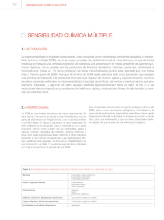 2.- AGENTE CAUSAL
La SQM es una entidad sindrómica de causa desconocida. Se
sabe que con frecuencia se asocia a otras morbilidades y muy en
particular al Síndrome de Fatiga Crónica, y en ocasiones también
a la Fibromialgia. En algunos pacientes, el desencadenante de
este síndrome es la exposición única o reiterada a uno o varios
productos tóxicos como pueden ser los insecticidas, gases y
vapores irritantes, derivados del petróleo, edificios enfermos y
otros, pero estas exposiciones dejan indemnes a otros individuos
presentes en las mismas circunstancias, y las repercusiones clíni-
cas y analíticas están alejadas, con frecuencia, del perfil clásico de
una intoxicación. La Tabla 1 muestra las exposiciones implicadas
con mayor frecuencia en la génesis de una SQM.
Esta incapacidad para encontrar un agente etiológico uniforme a la
SQM, junto a unos mecanismos patogénicos mal definidos y la
ausencia de exploraciones diagnósticas específicas, hacen que la
Organización Mundial de la Salud no la haya reconocido, a día de
hoy, como una enfermedad, y que muchos profesionales sanita-
rios duden de que se trate de una enfermedad orgánica.
SENSIBILIDAD QUÍMICA MÚLTIPLE
SENSIBILIDAD QUÍMICA MÚLTIPLE
1.- INTRODUCCIÓN
La hipersensibilidad a múltiples compuestos, más conocida como intolerancia ambiental idiopática o sensibi-
lidad química múltiple (SQM), es un proceso complejo de pérdida de la salud, caracterizado porque de forma
insidiosa se instaura una pérdida progresiva de tolerancia a la presencia en el medio ambiente de agentes quí-
micos diversos, como pueden ser los productos de limpieza doméstica, colonias, perfumes, disolventes o
hidrocarburos. Hasta un 1% de la población de áreas industrializadas podría estar afectada por una forma
más o menos grave de SQM. Aunque el término de SQM suele aplicarse sólo a los pacientes que aquejan
una pérdida de tolerancia a la presencia en el aire que respiran de humos, gases y vapores diversos, muchos
de estos pacientes extienden su hipersensibilidad a bebidas alcohólicas, alimentos y medicamentos que pre-
viamente toleraban, y algunos de ellos aquejan también hipersensibilidad física al calor, al frío o a las
radiaciones electromagnéticas procedentes de teléfonos, radios, ordenadores, líneas de alta tensión o ante-
nas de telefonía móvil.
Tabla 1. EXPOSICIONES RELACIONADAS CON FRECUENCIA CON EL INICIO DEL SÍNDROME DE SQM
Biocidas
Gases y vapores irritantes
Hidrocarburos
Edificios “enfermos” (Building sick syndrome)
Casas “enfermas” (Home sick syndrome)
Humedades en el hábitat del paciente
Insecticidas organofosforados
Insecticidas carbamatos
Insecticidas piretroides
Glutaraldehído
Hipoclorito sódico
Ácido clorhídrico
Gasolina
Gasoil
Disolventes orgánicos
Compuestos orgánicos volátiles
Compuestos orgánicos volátiles
Aspergillus
72
 