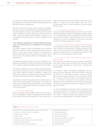 EXPOSICIÓN LABORAL A CONTAMINANTES QUÍMICOS EN EL ÁMBITO HOSPITALARIO80
sin necesidad de pasar a evaluar el riesgo de forma más exhaus-
tiva. Después de la adopción de dichas medidas preventivas, se
reiniciaría el proceso de evaluación.
Este tipo de evaluación tiene en cuenta una serie de variables, a
las que se asignan unos determinados índices: Peligrosidad intrín-
seca de los agentes químicos, que se determina en función de las
frases R asociadas al producto, frecuencia y duración de la expo-
sición, cantidad de agente químico utilizado o presente y sus
características físicas, forma de uso y tipo de medida de control
existente
3.1.2.- Métodos cuantitativos. Incluyen la medición ambien-
tal de los contaminantes y la comparación con valores de
referencia.
Para algunos agentes químicos se establecen unos Límites de
Exposición Profesional, que son valores de referencia para la eva-
luación y control de los riesgos inherentes a la exposición por
inhalación a los agentes químicos presentes en los puestos de tra-
bajo, con el fin de proteger la salud de los trabajadores y de su
descendencia.
Los métodos cuantitativos evalúan el riesgo por inhalación, com-
parando los resultados obtenidos en las mediciones ambientales
con los valores de referencia establecidos para los mismos (Figura 1)
.
Los criterios de valoración a la hora de realizar una evaluación higié-
nica (toma de muestras) son los que marca la guía técnica publicada
por el INSHT (Instituto Nacional de Seguridad e Higiene en el
Trabajo), para la evaluación y prevención de los riesgos presentes en
los lugares de trabajo relacionados con agentes químicos.
Se entiende por exposición la presencia de un agente químico en
el aire de la zona de respiración del trabajador y se cuantifica en
términos de concentración del agente obtenida de las mediciones
de exposición, contemplándose dos tipos de exposición, la diaria
y la de corta duración.
3.1.2.1.- Exposición Diaria (ED):
Es la concentración media del agente químico en la zona de res-
piración del trabajador, medida o calculada para la jornada laboral
real y referida a una jornada estándar de 8 horas diarias, lo que
implica considerar el conjunto de las distintas exposiciones del tra-
bajador a lo largo de la jornada laboral, cada una con su
correspondiente duración, como equivalente a una única exposi-
ción de 8 horas.
3.1.2.2.- Exposición de Corta Duración (EC):
Es la concentración media del agente químico en la zona de res-
piración del trabajador medida o calculada para cualquier periodo
de 15 minutos a lo largo de la jornada laboral. Lo habitual es deter-
minar las EC de interés, es decir los periodos en los que sea
previsible, por el tipo de manipulación, que sean los de mayor
exposición, tomando muestras de 15 minutos.
3.1.2.3.- VLA- ED (Valor Límite Ambiental de Exposición Diaria):
Es el valor límite de referencia para la exposición diaria. Representa
unas condiciones (concentraciones de agentes químicos) en las
cuales se cree que la mayoría de los trabajadores pueden estar
expuestos 8 horas diarias y 40 semanales, durante toda su vida
laboral, sin sufrir efectos adversos para su salud.
3.1.2.4.- VLA- EC (Valor Límite Ambiental de Exposición de
Corta Duración):
Es el valor límite de referencia para la exposición ambiental de
corta duración. Estos valores de referencia no deben ser supera-
dos por ninguna exposición de corta duración, a lo largo de la
jornada laboral.
Los diferentes Valores Ambientales establecidos para los
agentes químicos dependen de los efectos sobre la salud de
los mismos. Así, para aquellos agentes químicos que tienen
efectos agudos reconocidos pero cuyos principales efectos
son crónicos, el VLA-EC constituye un complemento del VLA-
ED, y por tanto la exposición a estos agentes habrá de
valorarse en relación a ambos límites, mientras que para agen-
tes químicos con efectos principalmente agudos, sólo se les
asigna un VLA-EC.
Los VLA se establecen para agentes químicos específicos, pero
no para sus mezclas. Es en cambio muy común la presencia de
varios agentes químicos en el ambiente, en especial en laborato-
rios, donde es habitual manipular gran variedad de productos
químicos, aunque generalmente en pequeñas cantidades.
Tabla 2. APARTADOS DEFINIDOS EN LAS FDS
1. Identificación de la sustancia o preparado y de la sociedad o empresa.
2. Composición / información sobre los componentes.
3. Identificación de los peligros.
4. Primeros auxilios.
5. Medidas de lucha contra incendios.
6. Medidas que deban tomarse en caso de vertido accidental.
7. Manipulación y almacenamiento.
8. Control de exposición / protección individual.
9. Propiedades físicas y químicas.
10. Estabilidad y reactividad.
11. Informaciones toxicológicas.
12. Informaciones ecológicas.
13. Consideraciones relativas a la eliminación.
14. Informaciones relativas al transporte.
15. Informaciones reglamentarias.
16. Otras informaciones.
 