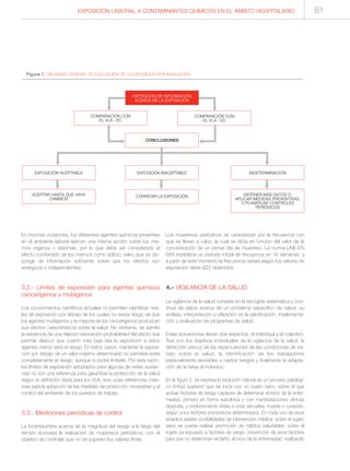 EXPOSICIÓN LABORAL A CONTAMINANTES QUÍMICOS EN EL ÁMBITO HOSPITALARIO
En muchas ocasiones, los diferentes agentes químicos presentes
en el ambiente laboral ejercen una misma acción sobre los mis-
mos órganos o sistemas, por lo que debe ser considerado el
efecto combinado de los mismos como aditivo, salvo que se dis-
ponga de información suficiente sobre que los efectos son
sinérgicos o independientes.
3.2.- Límites de exposición para agentes químicos
cancerígenos y mutágenos
Los conocimientos científicos actuales no permiten identificar nive-
les de exposición por debajo de los cuales no exista riesgo de que
los agentes mutágenos y la mayoría de los cancerígenos produzcan
sus efectos característicos sobre la salud. No obstante, se admite
la existencia de una relación exposición-probabilidad del efecto que
permite deducir que cuanto más baja sea la exposición a estos
agentes menor será el riesgo. En estos casos, mantener la exposi-
ción por debajo de un valor máximo determinado no permitirá evitar
completamente el riesgo, aunque sí podrá limitarlo. Por esta razón,
los límites de exposición adoptados para algunas de estas sustan-
cias no son una referencia para garantizar la protección de la salud
según la definición dada para los VLA, sino unas referencias máxi-
mas para la adopción de las medidas de protección necesarias y el
control del ambiente de los puestos de trabajo.
3.3.- Mediciones periódicas de control
La incertidumbre acerca de la magnitud del riesgo a lo largo del
tiempo aconseja la realización de muestreos periódicos, con el
objetivo de controlar que no se superen los valores límite.
Los muestreos periódicos se caracterizan por la frecuencia con
que se llevan a cabo, la cual se dicta en función del valor de la
concentración de un primer día de muestreo. La norma UNE-EN
689 establece un periodo inicial de frecuencia en 16 semanas, y
a partir de este momento la frecuencia variará según los valores de
exposición diaria (ED) obtenidos.
4.- VIGILANCIA DE LA SALUD.
La vigilancia de la salud consiste en la recogida sistemática y con-
tinua de datos acerca de un problema específico de salud, su
análisis, interpretación y utilización en la planificación, implementa-
ción y evaluación de programas de salud.
Estas actuaciones tienen dos aspectos, el individual y el colectivo.
Tres son los objetivos individuales de la vigilancia de la salud: la
detección precoz de las repercusiones de las condiciones de tra-
bajo sobre la salud, la identificación de los trabajadores
especialmente sensibles a ciertos riesgos y finalmente la adapta-
ción de la tarea al individuo.
En la figura 2 se expresa la evolución natural de un proceso patológi-
co (mitad superior) que se inicia con un sujeto sano, sobre el que
actúan factores de riesgo capaces de determinar el inicio de la enfer-
medad, primero en forma subclínica y con manifestaciones clínicas
después, y evolucionando éstas a unas secuelas, muerte o curación,
según unos factores pronósticos determinados. En cada uno de esos
estadios existen posibilidades de intervención médica: sobre el sujeto
sano se puede realizar promoción de hábitos saludables; sobre el
sujeto ya expuesto a factores de riesgo, prevención de esos factores
para que no determinen el daño; al inicio de la enfermedad, realizando
81
Figura 1. DIAGRAMA GENERAL DE EVALUACIÓN DE LA EXPOSICIÓN POR INHALACIÓN
OBTENCIÓN DE INFORMACIÓN
ACERCA DE LA EXPOSICIÓN
CONCLUSIONES
EXPOSICIÓN INACEPTABLE
CORREGIR LA EXPOSICIÓN
EXPOSICIÓN ACEPTABLE INDETERMINACIÓN
ACEPTAR HASTA QUE HAYA
CAMBIOS
OBTENER MÁS DATOS O,
APLICAR MEDIDAS PREVENTIVAS,
O PLANIFICAR CONTROLES
PERIÓDICOS
COMPARACIÓN CON
EL VLA - EC
COMPARACIÓN CON
EL VLA - ED
 