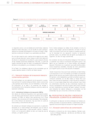 EXPOSICIÓN LABORAL A CONTAMINANTES QUÍMICOS EN EL ÁMBITO HOSPITALARIO
un diagnóstico precoz; una vez establecida la enfermedad, realizando
asistencia médica adecuada; y una vez resuelto el cuadro patológico,
valorando la idoneidad del trabajador en el puesto de trabajo y adap-
tando las condiciones de trabajo a sus capacidades psicofísicas.
Por otro lado existe la visión colectiva de la vigilancia de la salud,
que es útil para descubrir nuevos riesgos a partir de la detección
de efectos no esperados en la población y para evaluar la eficacia
de las medidas preventivas establecidas. Para ello, y a partir del
registro individual de datos de salud, se establecerán indicadores
de efecto en la población y se controlarán en el tiempo.
En la Tabla 3 se establecen algunas de las actividades que se
pueden planificar desde un Servicio de Salud Laboral..
4.1.- Valoración biológica de la exposición laboral a
contaminantes químicos.
El control biológico es una valoración de la exposición a sustan-
cias químicas en muestras biológicas (fluidos, tejidos, secreciones
y aire espirado) de los tóxicos, de sus metabolitos o de los efec-
tos producidos. En la tabla 4 se presentan las ventajas e
inconvenientes de los indicadores biológicos sobre los valores de
exposición ambiental.
4.1.1.- Indicadores biológicos de exposición (BEI’s).
Son valores de referencia propuestos como guía para la evalua-
ción del riesgo potencial para la salud en la práctica de la higiene
industrial. Los BEI’s se definen para exposiciones de 8 horas
durante 5 días a la semana (40 horas semanales). Para extrapolar-
los a otros tiempos de exposición, hay que tener en cuenta la
toxicocinética y toxicodinamia del tóxico.
Se entiende por indicador biológico de exposición un parámetro
apropiado en un medio biológico del trabajador, que se mide en
un momento determinado, y está asociado, directa o indirecta-
mente, con la exposición global, es decir, por todas las vías de
entrada, a un agente químico.
Como medios biológicos se utilizan el aire exhalado, la orina, la
sangre y otros. Según cuál sea el parámetro, el medio en que se
mida y el momento de la toma de muestra, la medida puede indi-
car la intensidad de una exposición reciente, la exposición
promedio diaria o la cantidad total del agente acumulada en el
organismo, es decir, la carga corporal total.
Se consideran dos tipos de indicadores biológicos: El de dosis es
un parámetro que mide la concentración del agente químico o de
alguno de sus metabolitos en un medio biológico del trabajador
expuesto. El de efecto es un parámetro que puede identificar altera-
ciones bioquímicas reversibles, inducidas de modo característico
por el agente químico al que está expuesto el trabajador.
Existen situaciones en las que el valor ambiental y el valor biológi-
co de exposición no son concordantes. En la Tabla 5 se presentan
algunas de las razones que pueden justificar estas discrepancias.
Por ejemplo, si dos trabajadores que están sometidos a igual con-
centración ambiental, uno de ellos realiza un trabajo físico (por
tanto mayor frecuencia respiratoria y mayor frecuencia cardiaca) y
el otro no, el que realiza trabajo físico está recibiendo mayor dosis
de contaminante (más litros de aire contaminado respirado por
minuto) y esta llegando más dosis al órgano diana (mayor cantidad
de tóxico distribuida por aumento del gasto cardíaco). Así pues,
para interpretar los valores biológicos y compararlos con los
ambientales hay que conocer las condiciones de trabajo.
5.- PROPUESTAS DE MEJORA Y MEDIDAS DE
PREVENCIÓN. ELEMENTOS DE EMERGENCIA.
A continuación se relacionan de forma sintetizada, las medidas pre-
ventivas asociadas a la exposición laboral a contaminantes químicos,
siguiendo la secuencia lógica de actuación en Higiene Industrial.
5.1.- Actuación sobre el foco de contaminación.
• Sustituir un producto por otro menos peligroso. Ejemplo: susti-
tución en Biología Molecular del Bromuro de Etidio por Sybr
Safe DNA gel Stain.
82
Figura 2. ESQUEMA DE LA HISTORIA NATURAL DE LA ENFERMEDAD Y OPORTUNIDADES DE INTERVENCIÓN SANITARIA.
SANO FACTORES
RIESGO
INICIO
ENFERMEDAD
SÍNTOMAS FACTORES
PRONÓSTICO
SECUELAS
PERÍODO SUBCLÍNICO
PROMOCIÓN PREVENCIÓN VIGILANCIA ASISTENCIA PERICIAL
 