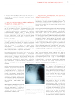El pronóstico depende del grado de hipoxia y del tiempo en que
ésta se haya mantenido, pero son posibles las secuelas neuroló-
gicas irreversibles.
3.- INSUFICIENCIA RESPIRATORIA POR HIPOVEN-
TILACIÓN DE ORIGEN CENTRAL
En la práctica clínica, la hipoventilación central es una de las cau-
sas más frecuente de insuficiencia respiratoria. Acontece a dosis
tóxicas con los psicofármacos (barbitúricos, benzodiacepinas,
antidepresivos, antipsicóticos, antiepilépticos,…), analgésicos
opiáceos (metadona, fentanilo, morfina,…), drogas de abuso
(heroína, éxtasis líquido o GHB, alcohol etílico,…) o disolventes (tri-
cloroetano, tricloroetileno,…), que tienen en común su facilidad
para atravesar la barrera hematoencefálica y deprimir el centro res-
piratorio a nivel bulbar.
La principal manifestación clínica es el descenso en la frecuencia
y amplitud respiratoria, instaurándose una situación progresiva de
hipercapnia, hipoxemia y acidosis mixta. La administración intrave-
nosa de heroína o la inhalación de algunos gases
(percloroetileno,…) puede desencadenar un cuadro fulminante
que conduce a la apnea en muy pocos minutos y, secundaria-
mente, a la parada cardíaca y a la muerte del intoxicado.
Estos pacientes presentan siempre disminución del nivel de con-
ciencia y, habitualmente, un coma profundo. La hipoxia puede
condicionar manifestaciones cardiovasculares (taquicardia, hipo-
tensión, arritmias,…) o empeorar las neurológicas. La hipercapnia
es un buen marcador de la hipoventilación, mientras la hipoxemia
es más tardía en su presentación, especialmente si se está apli-
cando oxigenoterapia, la cual puede potenciar la hipoventilación al
suprimir la estimulación del centro respiratorio que produce la
hipoxemia.
Este tipo de insuficiencia respiratoria puede
resolverse, en algunas intoxicaciones, con
fármacos antidóticos. La naloxona en la
sobredosis de opiáceos y el flumazenilo en
las intoxicaciones por benzodiacepinas,
revierten la hipoventilación central causada
por estas substancias al competir con sus
respectivos receptores específicos, y
ambos fármacos debe ser siempre ensaya-
dos ante un coma de origen desconocido,
muy en particular si se acompaña de hipo-
ventilación.
La hipoventilación central que no es tributa-
ria de tratamiento antidótico o que no
responde ni a la naloxona ni al flumazenilo,
debe tratarse con intubación orotraqueal y
ventilación mecánica. Los analépticos res-
piratorios están contraindicados.
4.- INSUFICIENCIA RESPIRATORIA POR OBSTRUC-
CIÓN DE LA VÍA AÉREA.
La vía aérea incluye desde las fosas nasales y cavidad orofaríngea,
hasta la laringe, tráquea, bronquios principales y bronquiolos. Su
permeabilidad es fundamental para el intercambio de gases, y son
muchos los intoxicados que ven comprometida, directa o indirec-
tamente, esta vía aérea.
La encrucijada faringo-laringea puede verse afectada por la ingesta
de cáusticos, ya que estos productos químicos tienen un efecto
deletéreo local inmediato, con edema, ulceración y necrosis que al
afectar epiglotis y glotis, puede reducir la capacidad ventilatoria del
paciente. Las intoxicaciones que cursan con estado de coma, ade-
más de reducir la ventilación a nivel central, pueden acompañarse de
una caída de la lengua hacia atrás que obstruye también la vía aérea.
La inhalación de gases y vapores calientes, por ejemplo en el curso
de un incendio, puede inducir un edema de glotis de causa térmica.
El edema de glotis puede ser también secundario a la inhalación de
gases muy irritantes (ácido fluorhídrico) o a la reacción inflamatoria por
picadura local de animales venenosos (abeja, avispa). Los fumado-
res compulsivos de crack u otras drogas de abuso, utilizan pipas e
inhalan aire muy caliente que puede provocar un gran edema de
úvula que podría llegar a comprometer también la ventilación.
La tráquea puede obstruirse por cuerpos extraños (prótesis den-
tales, restos alimentarios, pastillas ingeridas, etc.) que son
broncoaspirados en el curso de intoxicaciones que cursan con
estado de coma. La obstrucción mecánica a nivel bronquial puede
obedecer a las mismas causas, y a las que puede añadirse la
yatrogenia por colocación inadecuada de una sonda para el lava-
do gástrico (Figura 1). También es frecuente que la vía aérea se
obstruya por tapones de moco cuando coexiste el coma y la
ingesta de fármacos anticolinérgicos (Figura 2).
La obstrucción bronquial puede ser funcio-
nal y debida a un broncoespasmo. Las
causas más frecuentes son la inhalación de
gases irritantes (derivados clorados) y las
ingestas de tóxicos con acción colinérgica
(insecticidas organofosforados o carbama-
tos). Se trata pues de un asma de origen
químico, pero que puede generar también
una severa insuficiencia respiratoria.
El tratamiento de esta insuficiencia respira-
toria está en función del mecanismo
causal. Un edema de glotis puede requerir
corticoides y adrenalina, pero una evolu-
ción desfavorable requiere una intubación
precoz que puede ser dificultosa, por lo
que puede ser necesaria una cricotomía
percutánea o una traqueotomía. La obs-
trucción de la vía aérea por cuerpos
extraños o tapones de moco, puede preci-
sar una fibrobroncoscopia. La obstrucción
funcional por broncoespasmo requiere un
FIGURA 2. ATELECTASIA DEL PARÉNQUIMA PULMO-
NAR DERECHO, EN UN PACIENTE COMATOSO TRAS
LA INGESTA DE ANTIDEPRESIVOS TRICÍCLICOS
(FÁRMACOS CON ACCIÓN ANTICOLINÉRGICA) Y
BENZODIACEPINAS, Y QUE SE ACOMPAÑABA DE
INSUFICIENCIA RESPIRATORIA.
TOXICIDAD SOBRE EL APARATO RESPIRATORIO 5
 