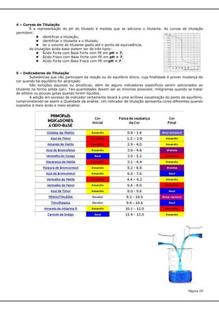 4 – Curvas de Titulação
É a representação do pH do titulado à medida que se adiciona o titulante. As curvas de titulação
permitem:
 identificar a titulação;
 identificar o titulante e o titulado;
 ler o volume de titulante gasto até o ponto de equivalência.
As titulações ácido-base podem ser de três tipos:
 Ácido Forte com Base Forte com PE em pH = 7;
 Ácido Fraco com Base Forte com PE em pH > 7;
 Ácido Forte com Base Fraca com PE empH < 7.
5 – Indicadores de Titulação
Substâncias que não participam da reação ou do equilíbrio iônico, cuja finalidade é prover mudança da
cor quando tal equilíbrio for alcançado.
São soluções aquosas ou alcoólicas, além de alguns indicadores específicos serem adicionados ao
titulante na forma sólida (pó). Tais quantidades devem ser as mínimas possíveis: miligramas quando se tratar
de sólidos ou poucas gotas quando forem líquidos.
A adição em excesso de indicador certamente levará à uma errônea visualização do ponto de equilíbrio,
comprometendo-se assim a Qualidade da análise. Um indicador de titulação apresenta cores diferentes quando
expostos à meio ácido e meio alcalino.

Página 29

 