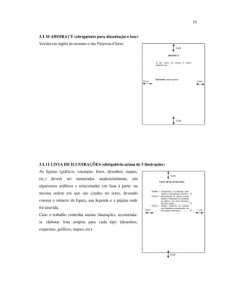 19


3.1.10 ABSTRACT (obrigatório para dissertação e tese)
Versão em inglês do resumo e das Palavras-Chave.
                                                                                                   3 cm


                                                                                         ABSTRACT


                                                                         In this study, the testing of dental
                                                                         materials was…..




                                                                         Keywords: dental material
                                                           3 cm                                                                  2 cm




                                                                                                    2 cm




3.1.11 LISTA DE ILUSTRAÇÕES (obrigatório acima de 5 ilustrações)
As figuras (gráficos, estampas, fotos, desenhos, mapas,
                                                                                            3 cm
etc.)   devem   ser   numeradas    seqüencialmente,   em
                                                                              LISTA DE ILUSTRAÇÕES

algarismos arábicos e relacionadas em lista à parte, na
                                                                 Quadro 1 Característica da Relação entre
mesma ordem em que são citadas no texto, devendo                           método e metodologia científica. 44
                                                                 Gráfico 1 Apresentação do aspecto formal
                                                                           quanto à freqüência de definição
constar o número da figura, sua legenda e a página onde                    de objetivo, em valores absolutos
                                                                           nos dois grupos............................ 82
                                                                 Figura 1 Análise estatística da variação
foi inserida.                                               3 cm
                                                                           das freqüências encontradas nos
                                                                                                                                 2 cm
                                                                           dois grupos analisados................ 87

Caso o trabalho contenha muitas ilustrações, recomenda-
se elaborar lista própria para cada tipo (desenhos,
esquemas, gráficos, mapas, etc).




                                                                                            2 cm
 