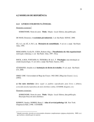 29


4.2 MODELOS DE REFERÊNCIA



4.2.1 LIVROS E FOLHETOS NA ÍNTEGRA

Elementos essenciais2:

       SOBRENOME, Nome do autor. Título. Edição. Local: Editora, data publicação.


DE MASI, Domenico. A sociedade pós-industrial. 3. ed. São Paulo: SENAC, 2000.


SÁ, A. L. de; SÁ, A. M. L. de. Dicionário de contabilidade. 9. ed. rev. e ampl. São Paulo:
Atlas, 1995.


BERGAMINI, Cecília W.; CODA, Roberto (Org.). Psicodinâmica da vida organizacional:
motivação e liderança. 2. ed. São Paulo: Atlas, 1997. 342 p.


BOCK, A.M.B.; FURTADO, O.; TEIXEIRA, M. da L. T. Psicologias: uma introdução ao
estudo da psicologia. 13. ed. refor. e ampl. São Paulo: Saraiva, 2002.


SÜSSEKIND, Arnaldo et al. Instituições de direito do trabalho. 19. ed. atual. São Paulo:
LTr, 2000.


OMEC-UMC: Universidade de Mogi das Cruzes: 1962-2002. [Mogi das Cruzes] : [s.n.],
[2002].


a) Em meio eletrônico (deve seguir os padrões especificados para livros e folhetos,
acrescidos da descrição física do meio eletrônico online, CD-ROM, disquetes, etc)

Elementos essenciais:

       SOBRENOME, Nome do autor. Título. Edição. Local: Editora, data publicação.
       Descrição física do meio eletrônico.


ROBBOY, Stanley; NORRIS, Henry J. Atlas of cervical pathology 1.0. New York:
Chapman & Hall, c1996. 1 CD-ROM.



2
    Quando necessário, deverão ser acrescentados elementos complementares (páginas,coleção/série, ISBN, etc.)
    que facilitem a identificação do material.
 