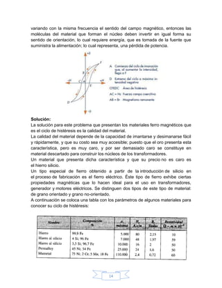 variando con la misma frecuencia el sentido del campo magnético, entonces las
moléculas del material que forman el núcleo deben invertir en igual forma su
sentido de orientación, lo cual requiere energía, que es tomada de la fuente que
suministra la alimentación; lo cual representa, una pérdida de potencia.




Solución:
La solución para este problema que presentan los materiales ferro magnéticos que
es el ciclo de histéresis es la calidad del material.
La calidad del material depende de la capacidad de imantarse y desimanarse fácil
y rápidamente, y que su costo sea muy accesible; puesto que el oro presenta esta
característica, pero es muy caro, y por ser demasiado caro se constituye en
material descartado para construir los núcleos de los transformadores.
Un material que presenta dicha característica y que su precio no es caro es
el hierro silicio.
Un tipo especial de fierro obtenido a partir de la introducción de silicio en
el proceso de fabricación es el fierro eléctrico. Éste tipo de fierro exhibe ciertas
propiedades magnéticas que lo hacen ideal para el uso en transformadores,
generador y motores eléctricos. Se distinguen dos tipos de este tipo de material:
de grano orientado y grano no-orientado.
A continuación se coloca una tabla con los parámetros de algunos materiales para
conocer su ciclo de histéresis:




                                        14
 
