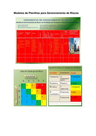 Modelos de Planilhas para Gerenciamento de Riscos
NºRegistro
Fontes de
Risco
Possíveis
Falhas
Efeitos
Requisitos
Probabilidadede
Ocorrência
Danosa
Severidadedo
Dano
Prioridade
deAção
Orientações
Responsável
Tempo
Provável
de
Execução
Registro Fotográfico
da Área de Execução
da Atividade e
Maquinário Envolvido
ANTES DEPOIS
089/2010
O Produto
Perigoso
o
Maquinário
envolvido
e a
Atividade.
Falhas de
Planejamento ,
Operação e
Maquinário
com defeito
ou
inadequado.
Perdas:
Materiais
Pessoais
Ambientais e
Sociais
(Produtos,
Lesões e
Óbitos,Conta
minação da
Flora e da
Fauna e
Danos a
Sociedade)
PlanejamentodaAtividadee
verificaçãodoMaquinário
envolvido.
IV D
IV-D=IMEDIATA
Todos os
envolvidos na
Atividade
deverão
participar do
Planejamento
e deverá ser
realizada a
verificação do
Maquinário
envolvido
pela equipe
de
Manutenção
Mecânica.
FranciscopontesTST
02:00
HORAS
Planilha de Gerenciamento de Riscos nas Atividades de Transporte e Movimentação de Cargas
Empresa: DOCAS/RJ Tipo de Máquina ou Equipamento: LHM 600 Guindaste Móvel Portuário
Setor: CAPATAZIA Tipo de produto: PERIGOSO(URÂNIO-RADIOATIVO)
Tipo de ambiente: EMBARCAÇÃO/CAIS Responsável pela equipe envolvida: FERNANDO SILVA ENG. NUCLEAR
Responsável pela Operação da Máquina ou Equipamento: PAULO ANTUNES
 