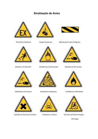 Sinalização de Aviso
Atmosfera Explosiva Cargas Suspensas Obstáculos/ Locais Perigosos
Quedas com Desnível Substâncias Comburentes Substâncias Corrosivas
Substâncias Corrosivas Substâncias Explosivas Substâncias Inflamáveis
Substâncias Nocivas/irritantes Substâncias Tóxicas Veículos de Movimentação
de Cargas
 