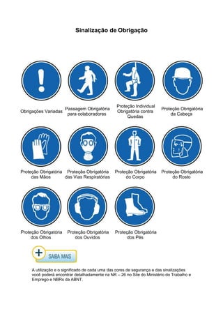 Sinalização de Obrigação
Obrigações Variadas
Passagem Obrigatória
para colaboradores
Proteção Individual
Obrigatória contra
Quedas
Proteção Obrigatória
da Cabeça
Proteção Obrigatória
das Mãos
Proteção Obrigatória
das Vias Respiratórias
Proteção Obrigatória
do Corpo
Proteção Obrigatória
do Rosto
Proteção Obrigatória
dos Olhos
Proteção Obrigatória
dos Ouvidos
Proteção Obrigatória
dos Pés
A utilização e o significado de cada uma das cores de segurança e das sinalizações
você poderá encontrar detalhadamente na NR – 26 no Site do Ministério do Trabalho e
Emprego e NBRs da ABNT.
 