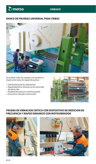 4–28
CRIBADO
BANCO DE PRUEBAS UNIVERSAL PARA CRIBAS
Se prueban todos los equipos y las pruebas in-
cluyen entre otros, los siguientes puntos:
• Calentamiento de los rodamientos
• Regularidad de la vibración en las extremida-
des de la criba
• Amplitud de puesta en marcha y parada
• Frecuencias naturales estructurales
PRUEBA DE VIBRACION CRITICA CON DISPOSITIVO DE MEDICION DE
FRECUENCIA Y MAPEO DINAMICO CON MOTOVIBRADOR
 