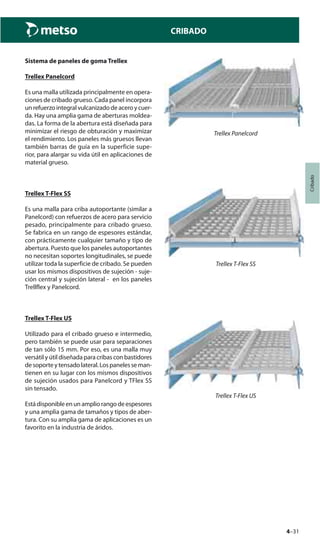 4–31
Cribado
CRIBADO
Sistema de paneles de goma Trellex
Trellex Panelcord
Es una malla utilizada principalmente en opera-
ciones de cribado grueso. Cada panel incorpora
un refuerzo integral vulcanizado de acero y cuer-
da. Hay una amplia gama de aberturas moldea-
das. La forma de la abertura está diseñada para
minimizar el riesgo de obturación y maximizar
el rendimiento. Los paneles más gruesos llevan
también barras de guía en la superficie supe-
rior, para alargar su vida útil en aplicaciones de
material grueso.
Trellex T-Flex SS
Es una malla para criba autoportante (similar a
Panelcord) con refuerzos de acero para servicio
pesado, principalmente para cribado grueso.
Se fabrica en un rango de espesores estándar,
con prácticamente cualquier tamaño y tipo de
abertura. Puesto que los paneles autoportantes
no necesitan soportes longitudinales, se puede
utilizar toda la superficie de cribado. Se pueden
usar los mismos dispositivos de sujeción - suje-
ción central y sujeción lateral - en los paneles
Trellflex y Panelcord.
Trellex T-Flex US
Utilizado para el cribado grueso e intermedio,
pero también se puede usar para separaciones
de tan sólo 15 mm. Por eso, es una malla muy
versátil y útil diseñada para cribas con bastidores
desoporteytensadolateral.Lospanelesseman-
tienen en su lugar con los mismos dispositivos
de sujeción usados para Panelcord y TFlex SS
sin tensado.
Estádisponibleenunampliorangodeespesores
y una amplia gama de tamaños y tipos de aber-
tura. Con su amplia gama de aplicaciones es un
favorito en la industria de áridos.
Trellex Panelcord
Trellex T-Flex SS
Trellex T-Flex US
 
