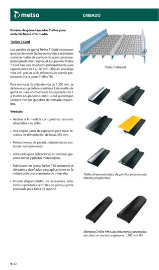 4–32
CRIBADO
Paneles de goma tensados Trellex para
material fino e intermedio
Trellex T-Cord
Los paneles de goma Trellex T-Cord incorporan
ganchos tensores fáciles de manejar y se instalan
como las mallas de alambre de acero con tensa-
do longitudinal o transversal. Los panelesTrellex
T-Cord han sido diseñados principalmente para
separaciones de 4 a 100 mm. Ofrecen una larga
vida útil gracias a los refuerzos de cuerda pre-
tensados y a la goma Trellex T60.
Para anchuras de criba de más de 1.200 mm, se
debenusarsujetadorescentrales.Estasmallasde
goma se usan normalmente en espesores de 5
a 35 mm. Los panelesTrellexT-Cord se entregan
siempre con los ganchos de tensado requeri-
dos.
Ventajas
• Hechos a la medida con ganchos tensores
adaptados a su criba.
• Una amplia gama de espesores para tratar ta-
maños de alimentación de hasta 250 mm.
• Menos tiempo de parada, reduciendo los cos-
tes de mantenimiento.
• Adecuados para aplicaciones en canteras, gra-
veras, minas y plantas metalúrgicas.
• Fabricados en goma Trellex T60 resistente al
desgaste y diseñados para aplicaciones en la
industria de procesamiento de minerales.
• Amplia disponibilidad de accesorios, tales
como sujetadores centrales de goma y goma
acanalada para barra de soporte
Trellex Trellecord
ElementoTrellexNH(sujecióncentral)paramallas
de criba con anchura superior a 1.200 mm (4’).
Trellexofrecevariostiposdeganchosparatensado
lateral y longitudinal.
 