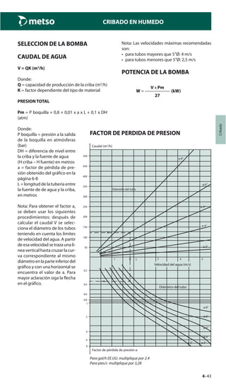 4–43
Cribado
CRIBADO EN HUMEDO
SELECCION DE LA BOMBA
CAUDAL DE AGUA
V = QK (m3
/h)
Donde:
Q = capacidad de producción de la criba (m3
/h)
K = factor dependiente del tipo de material
PRESION TOTAL
Pm = P boquilla + 0,8 + 0,01 x a x L + 0,1 x DH
(atm)
Donde:
P boquilla = presión a la salida
de la boquilla en atmósferas
(bar)
DH = diferencia de nivel entre
la criba y la fuente de agua
(H criba – H fuente) en metros
a = factor de pérdida de pre-
sión obtenido del gráfico en la
página 6-8
L = longitud de la tubería entre
la fuente de de agua y la criba,
en metros
Nota: Para obtener el factor a,
se deben usar los siguientes
procedimientos: después de
calcular el caudal V se selec-
ciona el diámetro de los tubos
teniendo en cuenta los límites
de velocidad del agua. A partir
de esa velocidad se traza una lí-
nea vertical hasta cruzar la cur-
va correspondiente al mismo
diámetroenlaparteinferiordel
gráfico y con una horizontal se
encuentra el valor de a. Para
mayor aclaración siga la flecha
en el gráfico.
Nota: Las velocidades máximas recomendadas
son:
• para tubos mayores que 5”Ø: 4 m/s
• para tubos menores que 5”Ø: 2,5 m/s
POTENCIA DE LA BOMBA
V x Pm
W = —————— (kW)
27
FACTOR DE PERDIDA DE PRESION
300
200
100
250
50
0,2
0,4
0,6
0,8
1
1 2 3 4 5
2
4
6
8
350
150
400
450
500
Factor de pérdida de presión α
Velocidad del agua (m/s)
Diámetro del tubo
Caudal (m3
/h)
ø 8”
ø 6”
ø 5”
ø 4”
ø 3”
ø 3”
ø 2”
ø 8”
ø 6”
ø 5”
ø 4”
Diámetro del tubo
Para gal/h EE.UU. multiplique por 2.4
Para pies/s multiplique por 3,28
 