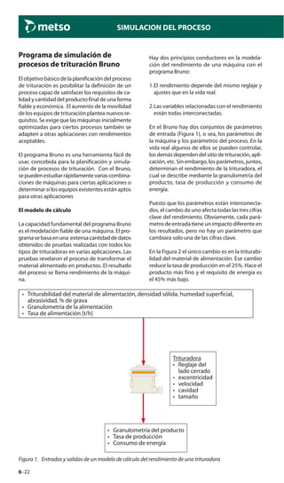 6–22
SIMULACION DEL PROCESO
Programa de simulación de
procesos de trituración Bruno
El objetivo básico de la planificación del proceso
de trituración es posibilitar la definición de un
proceso capaz de satisfacer los requisitos de ca-
lidad y cantidad del producto final de una forma
fiable y económica. El aumento de la movilidad
de los equipos de trituración plantea nuevos re-
quisitos. Se exige que las máquinas inicialmente
optimizadas para ciertos procesos también se
adapten a otras aplicaciones con rendimientos
aceptables.
El programa Bruno es una herramienta fácil de
usar, concebida para la planificación y simula-
ción de procesos de trituración. Con el Bruno,
sepuedenestudiarrápidamentevariascombina-
ciones de máquinas para ciertas aplicaciones o
determinar si los equipos existentes están aptos
para otras aplicaciones
El modelo de cálculo
La capacidad fundamental del programa Bruno
es el modelación fiable de una máquina. El pro-
grama se basa en una extensa cantidad de datos
obtenidos de pruebas realizadas con todos los
tipos de trituradoras en varias aplicaciones. Las
pruebas revelaron el proceso de transformar el
material alimentado en productos. El resultado
del proceso se llama rendimiento de la máqui-
na.
Hay dos principios conductores en la modela-
ción del rendimiento de una máquina con el
programa Bruno:
1.El rendimiento depende del mismo reglaje y
ajustes que en la vida real.
2.Las variables relacionadas con el rendimiento
están todas interconectadas.
En el Bruno hay dos conjuntos de parámetros
de entrada (Figura 1), o sea, los parámetros de
la máquina y los parámetros del proceso. En la
vida real algunos de ellos se pueden controlar,
los demás dependen del sitio de trituración, apli-
cación, etc. Sin embargo, los parámetros, juntos,
determinan el rendimiento de la trituradora, el
cual se describe mediante la granulometría del
producto, tasa de producción y consumo de
energía.
Puesto que los parámetros están interconecta-
dos, el cambio de uno afecta todas las tres cifras
clave del rendimiento. Obviamente, cada pará-
metro de entrada tiene un impacto diferente en
los resultados, pero no hay un parámetro que
cambiara solo una de las cifras clave.
En la Figura 2 el único cambio es en la triturabi-
lidad del material de alimentación. Ese cambio
reduce la tasa de producción en el 25%. Hace el
producto más fino y el requisito de energía es
el 45% más bajo.
Crusher
• css
• throw
• speed
• cavity
• size
• Product grading
• Throughput [t/h]
• Power consumption
• Feed material crushability, solid density, surface moisture, abrasiveness, gravel %
• Feed grading
• Feed rate [t/h]
• Triturabilidad del material de alimentación, densidad sólida, humedad superficial,
abrasividad, % de grava
• Granulometría de la alimentación
• Tasa de alimentación [t/h]
Trituradora
• Reglaje del
lado cerrado
• excentricidad
• velocidad
• cavidad
• tamaño
• Granulometría del producto
• Tasa de producción
• Consumo de energía
Figura 1. Entradas y salidas de un modelo de cálculo del rendimiento de una trituradora
 