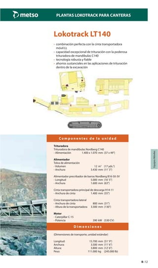 8–12
PLANTAS LOKOTRACK PARA CANTERAS
EquiposMóviles
Lokotrack LT140
• combinación perfecta con la cinta transportadora
móvil LL
• capacidad excepcional de trituración con la poderosa
trituradora de mandíbulas C140
• tecnología robusta y fiable
• ahorros sustanciales en las aplicaciones de trituración
dentro de la excavación
C o m p o n e n t e s d e l a u n i d a d
Trituradora
Trituradora de mandíbulas Nordberg C140
- Alimentación 1.400 x 1.070 mm (37 x 49")
Alimentador
Tolva de alimentación
- Volumen 12 m3
(17 yds.3
)
- Anchura 3.430 mm (11' 3")
Alimentador precribador de barras Nordberg B16-50-3V
- Longitud 5.000 mm (16' 5")
- Anchura 1.600 mm (63")
Cinta transportadora principal de descarga H14-11
- Anchura de cinta 1.400 mm (55")
Cinta transportadora lateral
- Anchura de cinta 800 mm (31")
- Altura de la transportadora 3.300 mm (130")
Motor
- Caterpillar C-15
- Potencia 390 kW (530 CV)
D i m e n s i o n e s
(Dimensiones de transporte, unidad estándar)
Longitud: 15.700 mm (51' 9")
Anchura: 3.500 mm (11' 6")
Altura: 3.800 mm (12' 6")
Peso: 111.000 kg (245.000 lb)
 