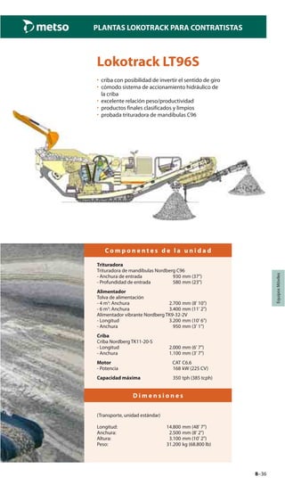 8–36
PLANTAS LOKOTRACK PARA CONTRATISTAS
EquiposMóviles
Lokotrack LT96S
• criba con posibilidad de invertir el sentido de giro
• cómodo sistema de accionamiento hidráulico de
la criba
• excelente relación peso/productividad
• productos finales clasificados y limpios
• probada trituradora de mandíbulas C96
C o m p o n e n t e s d e l a u n i d a d
Trituradora
Trituradora de mandíbulas Nordberg C96
- Anchura de entrada 930 mm (37")
- Profundidad de entrada 580 mm (23")
Alimentador
Tolva de alimentación
- 4 m3
: Anchura 2.700 mm (8' 10")
- 6 m3
: Anchura 3.400 mm (11' 2")
Alimentador vibrante Nordberg TK9-32-2V
- Longitud 3.200 mm (10' 6")
- Anchura 950 mm (3' 1")
Criba
Criba Nordberg TK11-20-S
- Longitud 2.000 mm (6' 7")
- Anchura 1.100 mm (3' 7")
Motor CAT C6.6
- Potencia 168 kW (225 CV)
Capacidad máxima 350 tph (385 tcph)
D i m e n s i o n e s
(Transporte, unidad estándar)
Longitud: 14.800 mm (48' 7")
Anchura: 2.500 mm (8' 2")
Altura: 3.100 mm (10' 2")
Peso: 31.200 kg (68.800 lb)
 
