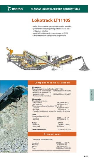 8–50
PLANTAS LOKOTRACK PARA CONTRATISTAS
EquiposMóviles
Lokotrack LT1110S
• criba desmontable con rotación en dos sentidos
• potente trituradora por impacto diseñada para
máquinas móviles
• control inteligente de procesos con el IC500
• amplia selección de opciones disponibles
C o m p o n e n t e s d e l a u n i d a d
Trituradora
Trituradora por impacto Nordberg NP1110M
- Abertura de alimentación 1.040 x 800 mm (41 x 31")
- Abertura de alimentación,
aplicación móvil 1.040 x 650 mm (41 x 24")
- Accionamiento hidráulico
Alimentador
Tolva de alimentación
- 5m3
: Anchura 2.600 mm (8' 6")
- 8m3
: Anchura 3.400 mm (11' 2")
Alimentador vibrante Nordberg TK9-42-2V
- Longitud 4.200 mm (13' 8")
- Anchura 930 mm (3' 1")
- Plegado hidráulico de serie en las paredes de la tolva
Criba
Criba Nordberg K11-30S
- Longitud 3.000 mm (9' 10")
- Anchura 1.100 mm (3' 7")
Motor CAT C9
- Potencia 242 kW (325 CV)
- Velocidad 2.100 rpm
Capacidad máxima 300 tph (330 tcph)
D i m e n s i o n e s
(Transporte, unidad estándar)
Longitud: 17.700 mm (58' 1”)
Anchura: 2.750 mm (9')
Altura: 3.400 mm (11' 2")
Peso: 36.200 kg (79.800 lb)
(sin cinta transportadora de retorno H5-9, transportada separadamente)
 