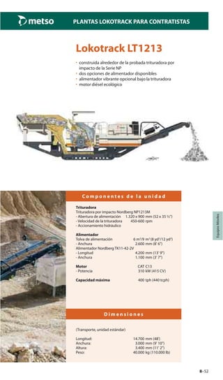 8–52
PLANTAS LOKOTRACK PARA CONTRATISTAS
EquiposMóviles
Lokotrack LT1213
• construida alrededor de la probada trituradora por
impacto de la Serie NP
• dos opciones de alimentador disponibles
• alimentador vibrante opcional bajo la trituradora
• motor diésel ecológico
C o m p o n e n t e s d e l a u n i d a d
Trituradora
Trituradora por impacto Nordberg NP1213M
- Abertura de alimentación 1.320 x 900 mm (52 x 35 ½")
- Velocidad de la trituradora 450-600 rpm
- Accionamiento hidráulico
Alimentador
Tolva de alimentación 6 m3
/9 m3
(8 yd3
/12 yd3
)
- Anchura 2.600 mm (8' 6")
Alimentador Nordberg TK11-42-2V
- Longitud 4.200 mm (13' 9")
- Anchura 1.100 mm (3' 7")
Motor CAT C13
- Potencia 310 kW (415 CV)
Capacidad máxima 400 tph (440 tcph)
D i m e n s i o n e s
(Transporte, unidad estándar)
Longitud: 14.700 mm (48')
Anchura: 3.000 mm (9' 10")
Altura: 3.400 mm (11' 2")
Peso: 40.000 kg (110.000 lb)
 