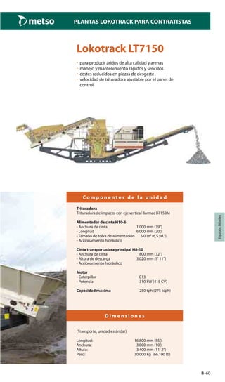 8–60
PLANTAS LOKOTRACK PARA CONTRATISTAS
EquiposMóviles
Lokotrack LT7150
• para producir áridos de alta calidad y arenas
• manejo y mantenimiento rápidos y sencillos
• costes reducidos en piezas de desgaste
• velocidad de trituradora ajustable por el panel de
control
C o m p o n e n t e s d e l a u n i d a d
Trituradora
Trituradora de impacto con eje vertical Barmac B7150M
Alimentador de cinta H10-6
- Anchura de cinta 1.000 mm (39")
- Longitud 6.000 mm (20')
- Tamaño de tolva de alimentación 5,0 m3
(6,5 yd.3
)
- Accionamiento hidráulico
Cinta transportadora principal H8-10
- Anchura de cinta 800 mm (32")
- Altura de descarga 3.020 mm (9' 11")
- Accionamiento hidráulico
Motor
- Caterpillar C13
- Potencia 310 kW (415 CV)
Capacidad máxima 250 tph (275 tcph)
D i m e n s i o n e s
(Transporte, unidad estándar)
Longitud: 16.800 mm (55')
Anchura: 3.000 mm (10')
Altura: 3.400 mm (11' 2")
Peso: 30.000 kg (66.100 lb)
 