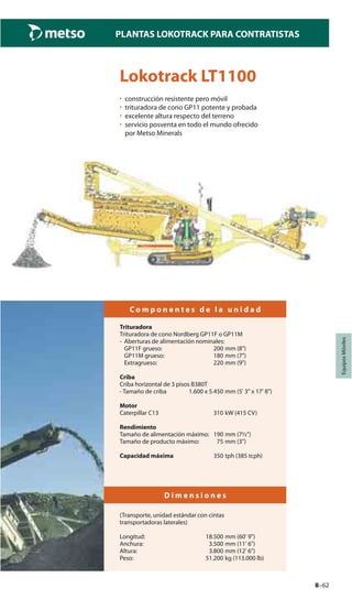 8–62
PLANTAS LOKOTRACK PARA CONTRATISTAS
EquiposMóviles
Lokotrack LT1100
• construcción resistente pero móvil
• trituradora de cono GP11 potente y probada
• excelente altura respecto del terreno
• servicio posventa en todo el mundo ofrecido
por Metso Minerals
C o m p o n e n t e s d e l a u n i d a d
Trituradora
Trituradora de cono Nordberg GP11F o GP11M
- Aberturas de alimentación nominales:
GP11F grueso: 200 mm (8")
GP11M grueso: 180 mm (7")
Extragrueso: 220 mm (9")
Criba
Criba horizontal de 3 pisos B380T
- Tamaño de criba 1.600 x 5.450 mm (5' 3" x 17' 8")
Motor
Caterpillar C13 310 kW (415 CV)
Rendimiento
Tamaño de alimentación máximo: 190 mm (7½")
Tamaño de producto máximo: 75 mm (3")
Capacidad máxima 350 tph (385 tcph)
D i m e n s i o n e s
(Transporte, unidad estándar con cintas
transportadoras laterales)
Longitud: 18.500 mm (60' 9")
Anchura: 3.500 mm (11' 6")
Altura: 3.800 mm (12' 6")
Peso: 51.200 kg (113.000 lb)
 