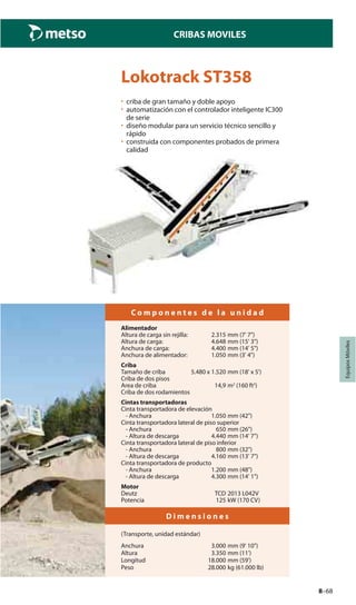 8–68
CRIBAS MOVILES
EquiposMóviles
Lokotrack ST358
• criba de gran tamaño y doble apoyo
• automatización con el controlador inteligente IC300
de serie
• diseño modular para un servicio técnico sencillo y
rápido
• construida con componentes probados de primera
calidad
C o m p o n e n t e s d e l a u n i d a d
Alimentador
Altura de carga sin rejilla: 2.315 mm (7' 7")
Altura de carga: 4.648 mm (15' 3")
Anchura de carga: 4.400 mm (14' 5")
Anchura de alimentador: 1.050 mm (3' 4")
Criba
Tamaño de criba 5.480 x 1.520 mm (18' x 5')
Criba de dos pisos
Area de criba 14,9 m2
(160 ft2
)
Criba de dos rodamientos
Cintas transportadoras
Cinta transportadora de elevación
- Anchura 1.050 mm (42")
Cinta transportadora lateral de piso superior
- Anchura 650 mm (26")
- Altura de descarga 4.440 mm (14' 7")
Cinta transportadora lateral de piso inferior
- Anchura 800 mm (32")
- Altura de descarga 4.160 mm (13' 7")
Cinta transportadora de producto
- Anchura 1.200 mm (48")
- Altura de descarga 4.300 mm (14' 1")
Motor
Deutz TCD 2013 L042V
Potencia 125 kW (170 CV)
D i m e n s i o n e s
(Transporte, unidad estándar)
Anchura 3.000 mm (9' 10")
Altura 3.350 mm (11')
Longitud 18.000 mm (59')
Peso 28.000 kg (61.000 lb)
 