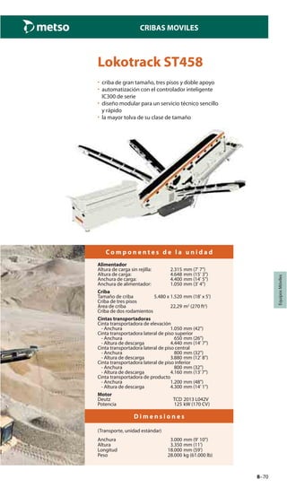 8–70
CRIBAS MOVILES
EquiposMóviles
Lokotrack ST458
• criba de gran tamaño, tres pisos y doble apoyo
• automatización con el controlador inteligente
IC300 de serie
• diseño modular para un servicio técnico sencillo
y rápido
• la mayor tolva de su clase de tamaño
C o m p o n e n t e s d e l a u n i d a d
Alimentador
Altura de carga sin rejilla: 2.315 mm (7' 7")
Altura de carga: 4.648 mm (15' 3")
Anchura de carga: 4.400 mm (14' 5")
Anchura de alimentador: 1.050 mm (3' 4")
Criba
Tamaño de criba 5.480 x 1.520 mm (18' x 5')
Criba de tres pisos
Area de criba 22,29 m2
(270 ft2
)
Criba de dos rodamientos
Cintas transportadoras
Cinta transportadora de elevación
- Anchura 1.050 mm (42")
Cinta transportadora lateral de piso superior
- Anchura 650 mm (26")
- Altura de descarga 4.440 mm (14' 7")
Cinta transportadora lateral de piso central
- Anchura 800 mm (32")
- Altura de descarga 3.880 mm (12' 8")
Cinta transportadora lateral de piso inferior
- Anchura 800 mm (32")
- Altura de descarga 4.160 mm (13’7”)
Cinta transportadora de producto
- Anchura 1.200 mm (48")
- Altura de descarga 4.300 mm (14' 1")
Motor
Deutz TCD 2013 L042V
Potencia 125 kW (170 CV)
D i m e n s i o n e s
(Transporte, unidad estándar)
Anchura 3.000 mm (9' 10")
Altura 3.350 mm (11')
Longitud 18.000 mm (59')
Peso 28.000 kg (61.000 lb)
 