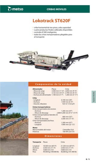 8–74
CRIBAS MOVILES
EquiposMóviles
Lokotrack ST620F
• criba horizontal de tres pisos y alta capacidad
• cuatro productos finales calibrados disponibles
• controles IC300 inteligentes
• todas las cintas transportadoras plegables para
el transporte
C o m p o n e n t e s d e l a u n i d a d
Alimentador Placas Cinta
- Altura de carga 3.500 mm (11' 6") 2.850 mm (9' 4")
- Altura de carga 3.125 mm (10' 3") 2.790 mm (9' 2")
- Anchura de alimentador 1.100 mm (3' 7") 1.200 mm (3' 11")
Criba
- Longitud 6.100 mm (20')
- Anchura 1.939 mm (6' 4")
- Area de criba/piso 10,9 m2
(13.0 yd2
)
Cintas transportadoras
Cinta transportadora de excesos
- Anchura 1.200 mm (47")
- Altura de descarga 2.800-4.200 mm (9' 2"-13' 9")
Cintas transportadoras laterales (3)
- Anchura 800 mm (32")
- Altura de descarga 3.500 mm (11' 6")
Cinta transportadora de finos
- Anchura 1.200 mm (47")
- Longitud 7.000 mm (22' 12")
Motor
Marca/modelo del motor Caterpillar C6.6
Potencia 168 kW (225 CV)
D i m e n s i o n e s
Transporte Placas Cinta
Longitud 18.500 mm (60' 9") 21.250 mm (69' 9")
Anchura 3.450 mm (11' 4") 3.450 mm (11' 4")
Altura 3.660 mm (12') 3.660 mm (12')
Peso 49.500 kg (109.000 lb) 46.000 kg (101.400 lb)
 