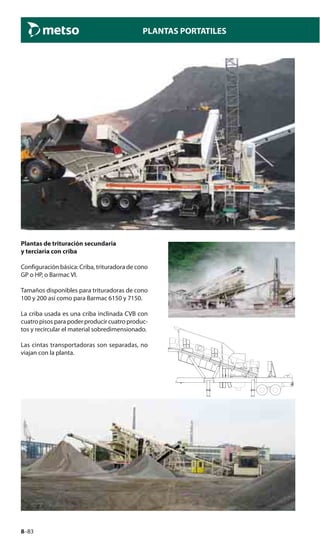 8–83
PLANTAS PORTATILES
Plantas de trituración secundaria
y terciaria con criba
Configuración básica: Criba, trituradora de cono
GP o HP, o Barmac VI.
Tamaños disponibles para trituradoras de cono
100 y 200 así como para Barmac 6150 y 7150.
La criba usada es una criba inclinada CVB con
cuatro pisos para poder producir cuatro produc-
tos y recircular el material sobredimensionado.
Las cintas transportadoras son separadas, no
viajan con la planta.
 