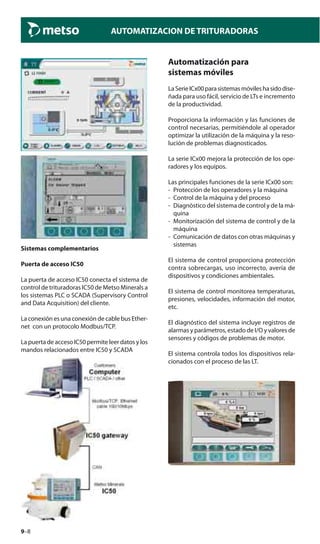 9–8
AUTOMATIZACION DE TRITURADORAS
Sistemas complementarios
Puerta de acceso IC50
La puerta de acceso IC50 conecta el sistema de
control de trituradoras IC50 de Metso Minerals a
los sistemas PLC o SCADA (Supervisory Control
and Data Acquisition) del cliente.
La conexión es una conexión de cable bus Ether-
net con un protocolo Modbus/TCP.
La puerta de acceso IC50 permite leer datos y los
mandos relacionados entre IC50 y SCADA
Automatización para
sistemas móviles
LaSerieICx00parasistemasmóvileshasidodise-
ñada para uso fácil, servicio de LTs e incremento
de la productividad.
Proporciona la información y las funciones de
control necesarias, permitiéndole al operador
optimizar la utilización de la máquina y la reso-
lución de problemas diagnosticados.
La serie ICx00 mejora la protección de los ope-
radores y los equipos.
Las principales funciones de la serie ICx00 son:
- Protección de los operadores y la máquina
- Control de la máquina y del proceso
- Diagnóstico del sistema de control y de la má-
quina
- Monitorización del sistema de control y de la
máquina
- Comunicación de datos con otras máquinas y
sistemas
El sistema de control proporciona protección
contra sobrecargas, uso incorrecto, avería de
dispositivos y condiciones ambientales.
El sistema de control monitorea temperaturas,
presiones, velocidades, información del motor,
etc.
El diagnóstico del sistema incluye registros de
alarmas y parámetros, estado de I/O y valores de
sensores y códigos de problemas de motor.
El sistema controla todos los dispositivos rela-
cionados con el proceso de las LT.
 