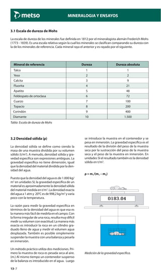 13–7
MINERALOGIA Y ENSAYOS
3.1 Escala de dureza de Mohs
La escala de dureza de los minerales fue definida en 1812 por el mineralogista alemán Frederich Mohs
(1773 - 1839). Es una escala relativa según la cual los minerales se clasifican comparando su dureza con
la de los minerales de referencia. Cada mineral raya el anterior y es rayado por el siguiente.
Mineral de referencia Dureza Dureza absoluta
Talco 1 1
Yeso 2 2
Calcita 3 9
Fluorita 4 21
Apatito 5 48
Feldespato de ortoclasa 6 72
Cuarzo 7 100
Topacio 8 200
Corindón 9 400
Diamante 10 1.500
Tabla Escala de dureza de Mohs
se introduce la muestra en el contenedor y se
pesa en inmersión. La gravedad específica es el
resultado de la división del peso de la muestra
seca por la sustracción del peso de la muestra
seca y el peso de la muestra en inmersión. En
unidades SI el resultado también es la densidad
sólida en t/m3
.
ρ = m1/(m1 – m2)
Medición de la gravedad específica.
3.2 Densidad sólida (ρ)
La densidad sólida se define como siendo la
masa de una muestra dividida por su volumen
sólido (t/m3
). A menudo, densidad sólida y gra-
vedad específica son expresiones ambiguas. La
gravedad específica no tiene dimensión, igual
que la densidad del material dividida por la den-
sidad del agua.
Puesto que la densidad del agua es de 1.000 kg/
m3
en unidades SI, la gravedad específica de un
material es aproximadamente la densidad sólida
del material medida en t/m3
. La densidad exacta
del agua a 1 atm y 20°C es de 998,2 kg/m3
y varía
poco con la temperatura.
La razón para medir la gravedad específica en
términos de la densidad del agua es que esa es
la manera más fácil de medirla en el campo. Con
la forma irregular de una roca, resulta muy difícil
medir su volumen con exactitud. La manera más
exacta es introducir la roca en un cilindro gra-
duado lleno de agua y medir el volumen agua
desplazada. También es posible simplemente
suspender la muestra con una balanza y pesarla
en inmersión.
Un método práctico utiliza dos mediciones. Pri-
mero la muestra de roca es pesada seca al aire.
(m.) Al mismo tiempo un contenedor suspenso
de la balanza es introducido en el agua. Luego
 