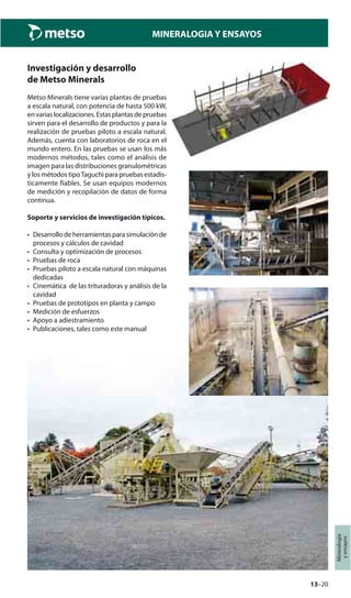 13–20
Mineralogía
yensayos
MINERALOGIA Y ENSAYOS
Investigación y desarrollo
de Metso Minerals
Metso Minerals tiene varias plantas de pruebas
a escala natural, con potencia de hasta 500 kW,
envariaslocalizaciones.Estasplantasdepruebas
sirven para el desarrollo de productos y para la
realización de pruebas piloto a escala natural.
Además, cuenta con laboratorios de roca en el
mundo entero. En las pruebas se usan los más
modernos métodos, tales como el análisis de
imagen para las distribuciones granulométricas
y los métodos tipoTaguchi para pruebas estadís-
ticamente fiables. Se usan equipos modernos
de medición y recopilación de datos de forma
continua.
Soporte y servicios de investigación típicos.
• Desarrollo de herramientas para simulación de
procesos y cálculos de cavidad
• Consulta y optimización de procesos
• Pruebas de roca
• Pruebas piloto a escala natural con máquinas
dedicadas
• Cinemática de las trituradoras y análisis de la
cavidad
• Pruebas de prototipos en planta y campo
• Medición de esfuerzos
• Apoyo a adiestramiento
• Publicaciones, tales como este manual
 