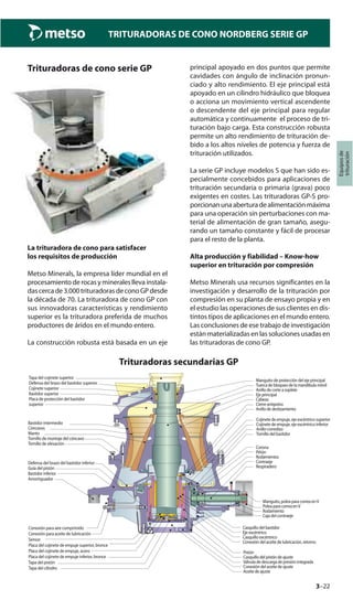 3–22
TRITURADORAS DE CONO NORDBERG SERIE GP
Equiposde
trituración
Trituradoras de cono serie GP
La trituradora de cono para satisfacer
los requisitos de producción
Metso Minerals, la empresa líder mundial en el
procesamientoderocasymineralesllevainstala-
dascercade3.000trituradorasdeconoGPdesde
la década de 70. La trituradora de cono GP con
sus innovadoras características y rendimiento
superior es la trituradora preferida de muchos
productores de áridos en el mundo entero.
La construcción robusta está basada en un eje
principal apoyado en dos puntos que permite
cavidades con ángulo de inclinación pronun-
ciado y alto rendimiento. El eje principal está
apoyado en un cilindro hidráulico que bloquea
o acciona un movimiento vertical ascendente
o descendente del eje principal para regular
automática y continuamente el proceso de tri-
turación bajo carga. Esta construcción robusta
permite un alto rendimiento de trituración de-
bido a los altos niveles de potencia y fuerza de
trituración utilizados.
La serie GP incluye modelos S que han sido es-
pecialmente concebidos para aplicaciones de
trituración secundaria o primaria (grava) poco
exigentes en costes. Las trituradoras GP-S pro-
porcionanunaaberturadealimentaciónmáxima
para una operación sin perturbaciones con ma-
terial de alimentación de gran tamaño, asegu-
rando un tamaño constante y fácil de procesar
para el resto de la planta.
Alta producción y fiabilidad – Know-how
superior en trituración por compresión
Metso Minerals usa recursos significantes en la
investigación y desarrollo de la trituración por
compresión en su planta de ensayo propia y en
el estudio las operaciones de sus clientes en dis-
tintos tipos de aplicaciones en el mundo entero.
Las conclusiones de ese trabajo de investigación
están materializadas en las soluciones usadas en
las trituradoras de cono GP.
Trituradoras secundarias GP
plate
Intermediate frame
Jacking bolt
Lower frame
Damper
Piston cover
Cylinder cover
Sensor
Piston guide
Concaves
Mantle
Top bearing
Upper frame
Lower frame arm guard
Top bearing cover
Concave mounting bolt
Upper frame protection
Upper frame arm guard
Compressed air connection
Thrust bearing plate,steel
Lubricating oil connection
Breather
Countershaft
Roller bearings
Pinion
Gear
Frame bolt
Slip ring
Slide ring
Main shaft protecting sleeve
Dust seal
Head
Main shaft
Torch ring
Mantle locking nut
Thrust bearing,lower eccentric shaft
Thrust bearing,upper eccentric shaft
Lower thrust bearing plate,bronze
Upper thrust bearing plate,bronze
Adjusting oil
Adjusting piston bushing
Piston
Lubricating oil connecting,return
Eccentric bushing
Frame bushing
Eccentric shaft
Integrated pressure relief valve
Adjusting oil connection
Countershaft housing
Roller bearing
V-belt pulley
Sleeve,V-belt pulley
Tapa del cojinete superior
Defensa del brazo del bastidor superior
Cojinete superior
Bastidor superior
Placa de protección del bastidor
superior
Casquillo del bastidor
Eje excéntrico
Casquillo excéntrico
Conexión del aceite de lubricación, retorno
Conexión para aire comprimido
Conexión para aceite de lubricación
Sensor
Placa del cojinete de empuje superior, bronce
Placa del cojinete de empuje, acero
Placa del cojinete de empuje inferior, bronce
Tapa del pistón
Tapa del cilindro
Bastidor intermedio
Cóncavos
Manto
Tornillo de montaje del cóncavo
Tornillo de elevación
Defensa del brazo del bastidor inferior
Guía del pistón
Bastidor inferior
Amortiguador
Manguito de protección del eje principal
Tuerca de bloqueo de la mandíbula móvil
Anillo de corte a soplete
Eje principal
Cabeza
Cierre antipolvo
Anillo de deslizamiento
Cojinete de empuje, eje excéntrico superior
Cojinete de empuje, eje excéntrico inferior
Anillo corredizo
Tornillo del bastidor
Corona
Piñón
Rodamientos
Contraeje
Respiradero
Manguito, polea para correa enV
Polea para correa enV
Rodamiento
Caja del contraeje
Pistón
Casquillo del pistón de ajuste
Válvula de descarga de presión integrada
Conexión del aceite de ajuste
Aceite de ajuste
 