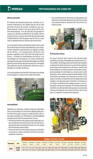 3–42
TRITURADORAS DE CONO HP
Equiposde
trituración
Menos paradas
El sistema de desatascado que consiste en ci-
lindros hidráulicos de doble efecto de la HP4
permite el paso de piezas metálicas, que po-
drían atascar o dañar una gran parte de las de-
más trituradoras. Y en el caso de una parada en
carga, los cilindros hidráulicos de doble efecto
proporcionan un gran recorrido de desatascado,
independiente del desgaste de los forros, para
vaciar rápidamente la cámara de trituración.
Un avanzado sistema de fijación del manto y del
forro de la taza evita la necesidad de usar mate-
rial de soporte, permitiendo un rápido cambio
de los forros. La incorporación de forros más
gruesos significa una vida útil más larga de los
forros. Cuando se reemplazan los forros o se
reconfigura la trituradora, el motor hidráulico
que gira la taza para el ajuste del reglaje también
girará la taza hasta desenroscarla por completo
del anillo de ajuste, facilitando de forma consi-
derable el cambio de forros.
La nueva protección fija del contrapeso protege
el contrapeso y actúa como sello de polvo.
Versatilidad
Debido a su robustez, amplio rango de velocida-
des y la sencillez de conversión desde aplicacio-
nes de trituración gruesa a aplicaciones de tri-
turación extrafina, la HP4 ofrece una flexibilidad
de aplicación desconocida hasta ahora.
• Permite el ahorro de espacio para pilas de aco-
pio mediante la retrituración de excedentes o
productos de movimiento lento sin una etapa
de trituración intermedia.
• Para convertir de trituración gruesa a extrafina
y viceversa, basta cambiar los forros y la velo-
cidad de rotación.
• Las combinaciones de forros y velocidades de
rotación van desde aplicaciones de trituración
secundaria hasta la producción de arena ma-
nufacturada.
Protección activa
El nuevo diseño del sistema de desatascado
también protege el bastidor principal contra in-
triturables,amortiguandolasfuerzasdeimpacto
y reposicionando la taza en su posición original,
tras el paso de fragmentos de hierro. Dentro de
la trituradora, la nueva protección fija del contra-
peso protege el contrapeso y actúa como sello
de polvo. Una cubierta opcional alrededor de la
trituradora protege a los operarios contra cual-
quier contacto accidental con los dispositivos de
reglaje o de desatascado.También contribuye a
un mejor ambiente de trabajo gracias a sus re-
ducidas emisiones de polvo. El medio ambiente
también resulta beneficiado gracias al avanzado
sistema de fijación del manto y forros de la taza
que no requiere material de soporte.
Reglaje del lado cerrado
Tamaño t/h
8 mm
(/")
10 mm
(/")
13 mm
(½")
16 mm
(/")
19 mm
(¾")
22 mm
(/")
25 mm
(1")
32 mm
(1 ¼")
38 mm
(1 ½")
45 mm
(1 ¾")
HP4
tmph
tcph
135-175
150-190
155-210
170-230
195-265
215-290
235-315
260-345
260-345
285-380
285-375
315-410
300-400
330-440
310-440
340-485
360-500
395-550
400-555
440-610
 