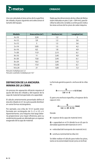 4–18
CRIBADO
Modelo Area activa (m2
) Anchura (m) Longitud (m)
4 x 10 3,24 1,2 3
4 x 12 3,9 1,2 3,6
5 x 12 5 1,5 3,6
5 x 14 5,83 1,5 4,2
6 x 16 8,2 1,8 4,9
7 x 20 11,9 2,15 6,1
8 x 16 11 2,45 4,9
8 x 20 13,8 2,45 6,1
8 x 24 16,5 2,45 7,3
10 x 20 17,4 3,05 6,1
10 x 24 21 3,05 7,3
Para pies multiplique por 3,3
Para pies cuadrados multiplique por 10,7
DEFINICION DE LA ANCHURA
MINIMA DE LA CRIBA
Un proceso de separación eficiente requiere el
ajuste del área de cribado y del espesor de la
capa de material transportado a la capacidad.
El cálculo anteriormente presentado define el
área de cribado en m2
, la cual se puede distribuir
en varias formas rectangulares.
Por ejemplo, una criba de 10 m2
puede estar
formada por rectángulos de 2 x 5 o 2,5 x 4.
Aparentemente, una máquina más larga debe-
ría proporcionar una mayor eficiencia, pero su
rendimiento puede ser afectado por un espesor
exagerado de la capa de material.
La formula genérica para la anchura de la criba
es:
Q
B =————————+ 0.15 (m)
3.6 · v · d
O, para una anchura específica, el espesor de la
capa en mm:
Q
d =———————— (mm)
3.6 · v · (B - 0.15)
Donde:
d = espesor de la capa de material (mm)
Q = capacidad en m3
/h (dividir la en t/h por la
densidad aparente del material en t/m3
)
v = velocidad del transporte de material (m/s)
B = anchura nominal de la criba (m)
Se debe realizar el cálculo para todos los pisos,
tanto en la extremidad inicial como en la final.
Una vez calculada el área activa de la superficie
de cribado, el paso siguiente será seleccionar el
tamaño del equipo.
Dado que las dimensiones de las cribas de Metso
estánindicadasenpies(1pie=304mm),parafa-
cilitar la selección, la tabla a continuación indica
las áreas activas de los pisos de cada máquina.
 