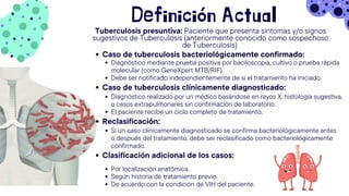 Diagnóstico mediante prueba positiva por baciloscopía, cultivo o prueba rápida
molecular (como GeneXpert MTB/RIF).
Debe ser notificado independientemente de si el tratamiento ha iniciado.
Definición Actual
Caso de tuberculosis bacteriológicamente confirmado:
Caso de tuberculosis clínicamente diagnosticado:
Tuberculosis presuntiva: Paciente que presenta síntomas y/o signos
sugestivos de Tuberculosis (anteriormente conocido como sospechoso
de Tuberculosis)
Diagnóstico realizado por un médico basándose en rayos X, histología sugestiva,
o casos extrapulmonares sin confirmación de laboratorio.
El paciente recibe un ciclo completo de tratamiento.
Reclasificación:
Clasificación adicional de los casos:
Si un caso clínicamente diagnosticado se confirma bacteriológicamente antes
o después del tratamiento, debe ser reclasificado como bacteriológicamente
confirmado.
Por localización anatómica.
Según historia de tratamiento previo.
De acuerdo con la condición de VIH del paciente.
 