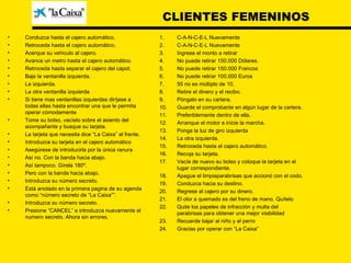 CLIENTES FEMENINOS Conduzca hasta el cajero automático. Retroceda hasta el cajero automático. Acerque su vehiculo al cajero. Avance un metro hasta el cajero automático. Retroceda hasta separar el cajero del capot. Baje la ventanilla izquierda. La izquierda. La otra ventanilla izquierda Si tiene mas ventanillas izquierdas diríjase a todas ellas hasta encontrar una que le permita operar cómodamente Tome su bolso, vacíelo sobre el asiento del acompañante y busque su tarjeta. La tarjeta que necesita dice “La Caixa” al frente. Introduzca su tarjeta en el cajero automático Asegúrese de introducirla por la única ranura Así no. Con la banda hacia abajo. Así tampoco. Gírela 180º. Pero con la banda hacia abajo. Introduzca su número secreto. Está anotado en la primera pagina de su agenda como “número secreto de “La Caixa””. Introduzca su número secreto. Presione “CANCEL” e introduzca nuevamente el numero secreto. Ahora sin errores. C-A-N-C-E-L Nuevamente C-A-N-C-E-L Nuevamente Ingrese el monto a retirar No puede retirar 150.000 Dólares. No puede retirar 150.000 Francos No puede retirar 100.000 Euros 55 no es múltiplo de 10. Retire el dinero y el recibo. Póngalo en su cartera. Guarde el comprobante en algún lugar de la cartera. Preferiblemente dentro de ella. Arranque el motor e inicie la marcha. Ponga la luz de giro izquierda La otra izquierda. Retroceda hasta el cajero automático. Recoja su tarjeta. Vacíe de nuevo su bolso y coloque la tarjeta en el lugar correspondiente. Apague el limpiaparabrisas que accionó con el codo. Conduzca hacia su destino. Regrese al cajero por su dinero. El olor a quemado es del freno de mano. Quítelo Quite los papeles de infracción y multa del parabrisas para obtener una mejor visibilidad Recuerde bajar al niño y al perro Gracias por operar con “La Caixa” 