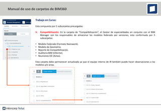 Trabajo en Curso:
Esta compuesta por 5 subcarpetas precargadas:
V. Compatibilización: En la carpeta de “Compatibilización”, el Gestor de especialidades en conjunto con el BIM
Manager son los responsables de almacenar los modelos federado por versiones, esta conformada por 5
subcarpetas:
• Modelo Federado (Formato Naviswork).
• Modelo de Geometría.
• Reporte de Compatibilización.
• Auditoria BIM (Informe).
• Reuniones ICE (Actas).
Esta carpeta debe permanecer actualizada ya que el equipo interno de IR también puede hacer observaciones a los
modelos y/o actas.
Manual de uso de carpetas de BIM360
 