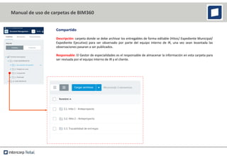 Compartido
Descripción: carpeta donde se debe archivar los entregables de forma editable (Hitos/ Expediente Municipal/
Expediente Ejecutivo) para ser observado por parte del equipo interno de IR, una vez sean levantada las
observaciones pasaran a ser publicados.
Responsable: El Gestor de especialidades es el responsable de almacenar la información en esta carpeta para
ser revisada por el equipo interno de IR y el cliente.
Manual de uso de carpetas de BIM360
 