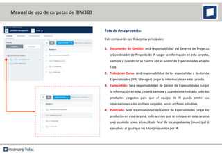 Manual de uso de carpetas de BIM360
Fase de Anteproyecto:
Esta compuesta por 4 carpetas principales:
1. Documento de Gestión: será responsabilidad del Gerente de Proyecto
o Coordinador de Proyecto de IR cargar la información en esta carpeta,
siempre y cuando no se cuente con el Gestor de Especialidades en esta
Fase.
2. Trabajo en Curso: será responsabilidad de los especialistas y Gestor de
Especialidades (BIM Manager) cargar la información en esta carpeta.
3. Compartido: Será responsabilidad de Gestor de Especialidades cargar
la información en esta carpeta siempre y cuando este revisado todo los
productos cargados para que el equipo de IR pueda emitir sus
observaciones a los archivos cargados, serán archivos editables.
4. Publicado: Será responsabilidad del Gestor de Especialidades cargar los
productos en esta carpeta, todo archivo que se coloque en esta carpeta
será asumido como el resultado final de los expedientes (municipal ó
ejecutivo) al igual que los hitos propuestos por IR.
 