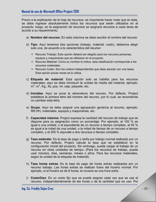 Manual de uso de Microsoft Office Project 2010
Ing. Co. Freddy Sejas Cruz - 37 -
Previo a la explicación de la hoja de recursos, es importante hacer notar que en ésta,
se debe ingresar absolutamente todos los recursos que serán utilizados en el
proyecto, luego, en la asignación de recursos se asignara recursos a cada tarea de
acurdo a su requerimiento.
a) Nombre del recurso: En esta columna se debe escribir el nombre del recurso
b) Tipo: Aquí tenemos tres opciones (trabajo, material, costo), debemos elegir
solo una, de acuerdo a la característica del recurso:
 Recurso Trabajo: Esta opción deberá ser elegido para los recursos personas,
equipos y maquinarias que se utilizaran en el proyecto.
 Recurso Material: Como su nombre lo indica, esta clasificación corresponde a los
recursos materiales.
 Recurso Costo: Son los costos independientes que dese asociar con una tarea.
Esta opción pocas veces se lo utiliza.
c) Etiqueta de material: Esta opción solo se habilita para los recursos
materiales, aquí se debe introducir la unidad de media del material, ejemplo:
m3
, m2
, Kg., lts, pza, ml, caja, paquete, etc.
d) Iníciales: Aquí se pone la abreviatura del recurso. Por defecto, Project
establece la primera letra del nombre del recurso, por lo cual, se recomienda
no cambiar esta letra.
e) Grupo: Aquí se debe asignar una agrupación genérica al recurso, ejemplo:
RR.HH, materiales, equipos y maquinarias, etc.
f) Capacidad máxima: Project expresa la cantidad del recurso de trabajo que se
dispone para su asignación como un porcentaje. Por ejemplo, el 100 % es
igual a una unidad, o el equivalente de un recurso a tiempo completo, el 50 %
es igual a la mitad de una unidad, o la mitad de tiempo de un recurso a tiempo
completo, y el 200 % equivale a dos recursos a tiempo completo.
g) Tasa estándar: Es la tasa de pago o tarifa por trabajo normal realizado por un
recurso. Por defecto, Project calcula la tasa que se estableció en la
configuración inicial del proyecto. Sin embrago, puede cargar el trabajo de un
recurso en otras unidades de tiempo. (Para los recursos de trabajo, puede
usar minutos, días, semanas, meses o años. Para los recursos materiales,
según la unidad de la etiqueta de material).
h) Tasa horas extras: Es la tasa de pago de horas extras realizadas por un
recurso trabajo. Las horas extras se realizan fuera del horario normal. Por
ejemplo, si el horario es de 8 horas, la novena es una hora extra.
i) Costo/Uso: Es un costo fijo que se puede asignar cada vez que se use el
recurso, independientemente de las horas o de la cantidad que se use. Por
 