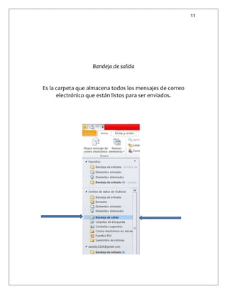 11
Bandeja de salida
Es la carpeta que almacena todos los mensajes de correo
electrónico que están listos para ser enviados.
 