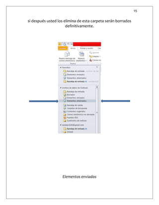 15
si después usted los elimina de esta carpeta serán borrados
definitivamente.
Elementos enviados
 