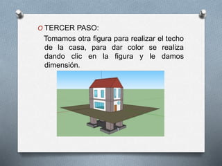 O TERCER PASO:
Tomamos otra figura para realizar el techo
de la casa, para dar color se realiza
dando clic en la figura y le damos
dimensión.
 