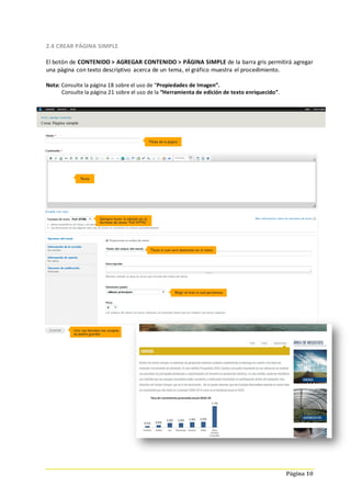 Página 10
2.4 CREAR PÁGINA SIMPLE
El botón de CONTENIDO > AGREGAR CONTENIDO > PÁGINA SIMPLE de la barra gris permitirá agregar
una página con texto descriptivo acerca de un tema, el gráfico muestra el procedimiento.
Nota: Consulte la página 18 sobre el uso de “Propiedades de Imagen”.
Consulte la página 21 sobre el uso de la “Herramienta de edición de texto enriquecido”.
 