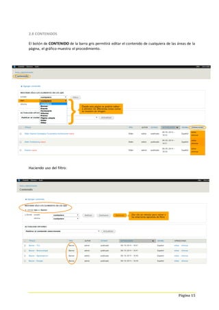 Página 15
2.8 CONTENIDOS
El botón de CONTENIDO de la barra gris permitirá editar el contenido de cualquiera de las áreas de la
página, el gráfico muestra el procedimiento.
Haciendo uso del filtro:
 
