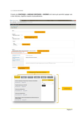 Página 9
2.3 CREAR INFORME
El botón de CONTENIDO > AGREGAR CONTENIDO > INFORME de la barra gris permitirá agregar uno
o más informes, el gráfico muestra el procedimiento.
Informes
Categoría/Tipo de informe
 